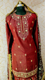 Blood maroon Embroidered Gharara with Viscose silk base