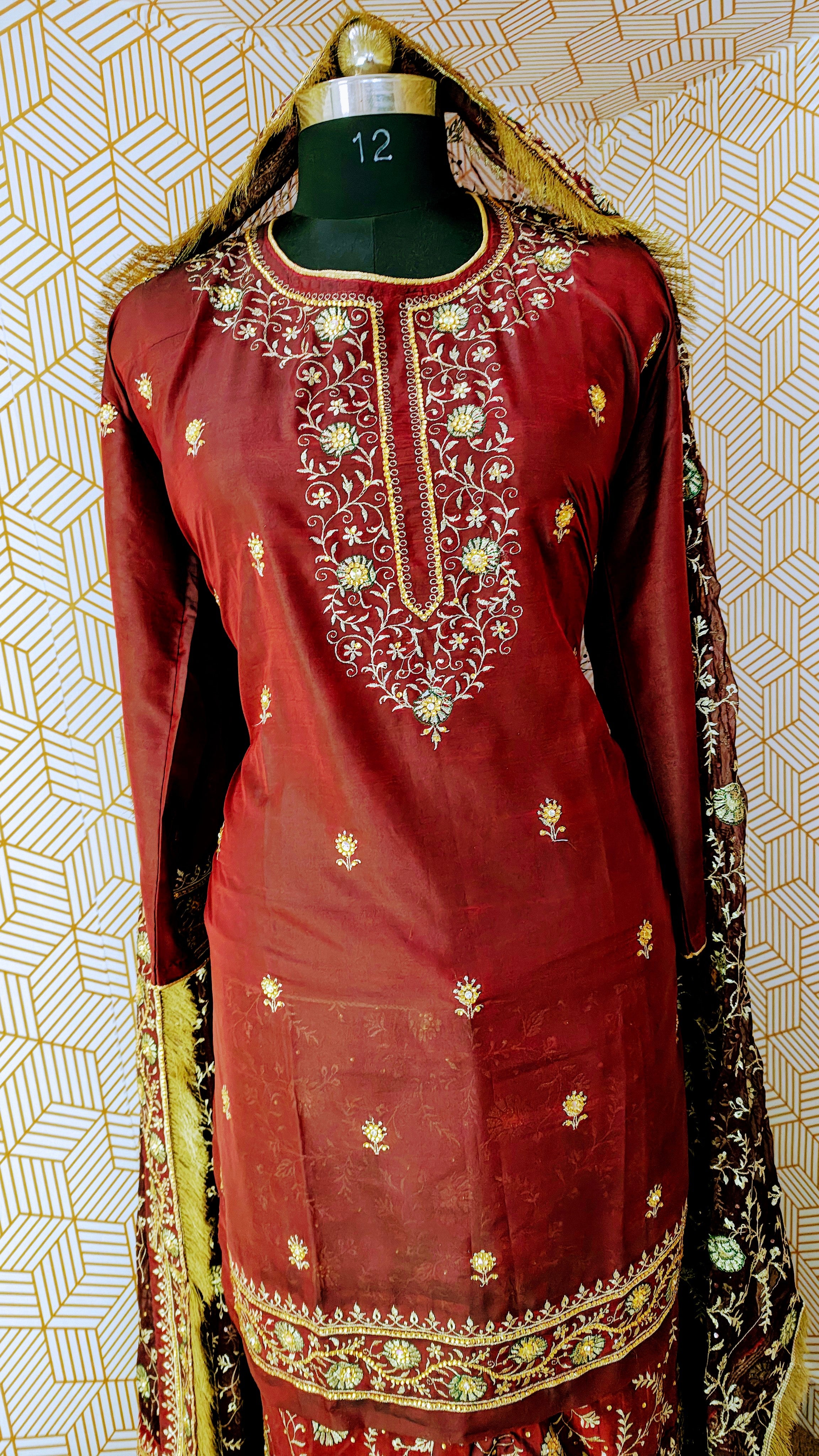 Blood maroon Embroidered Gharara with Viscose silk base