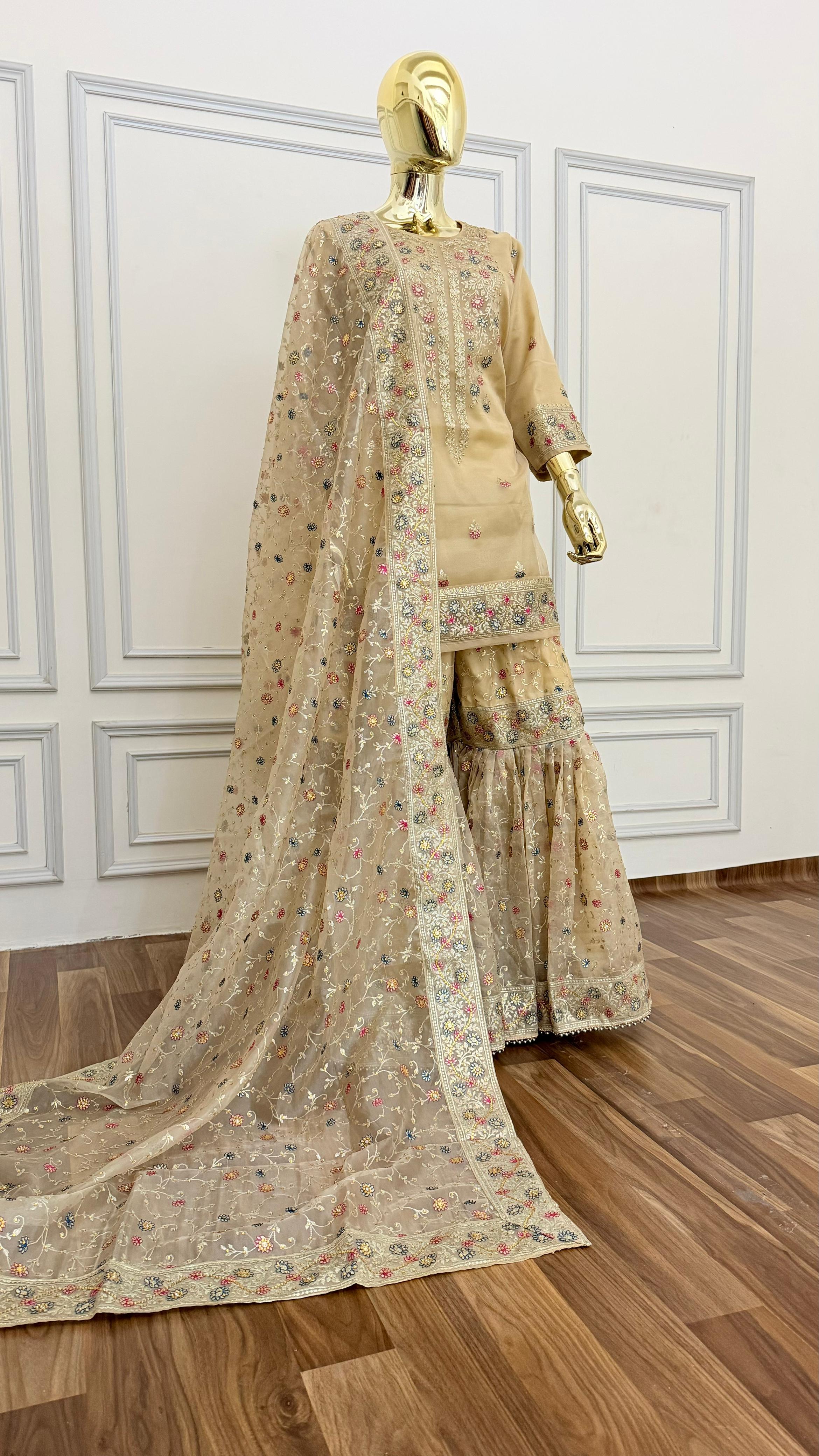 BEIGE SHINY ORGANZA GHARARA