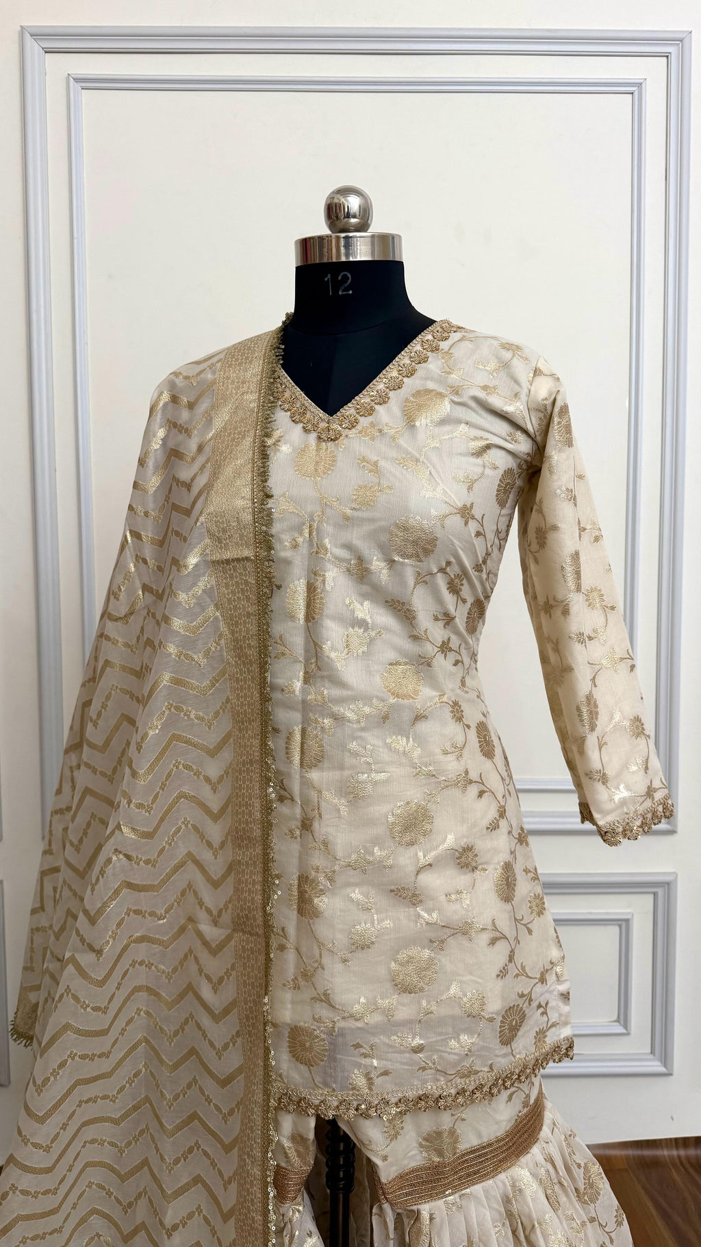Off white banarasi cotton silk gharara