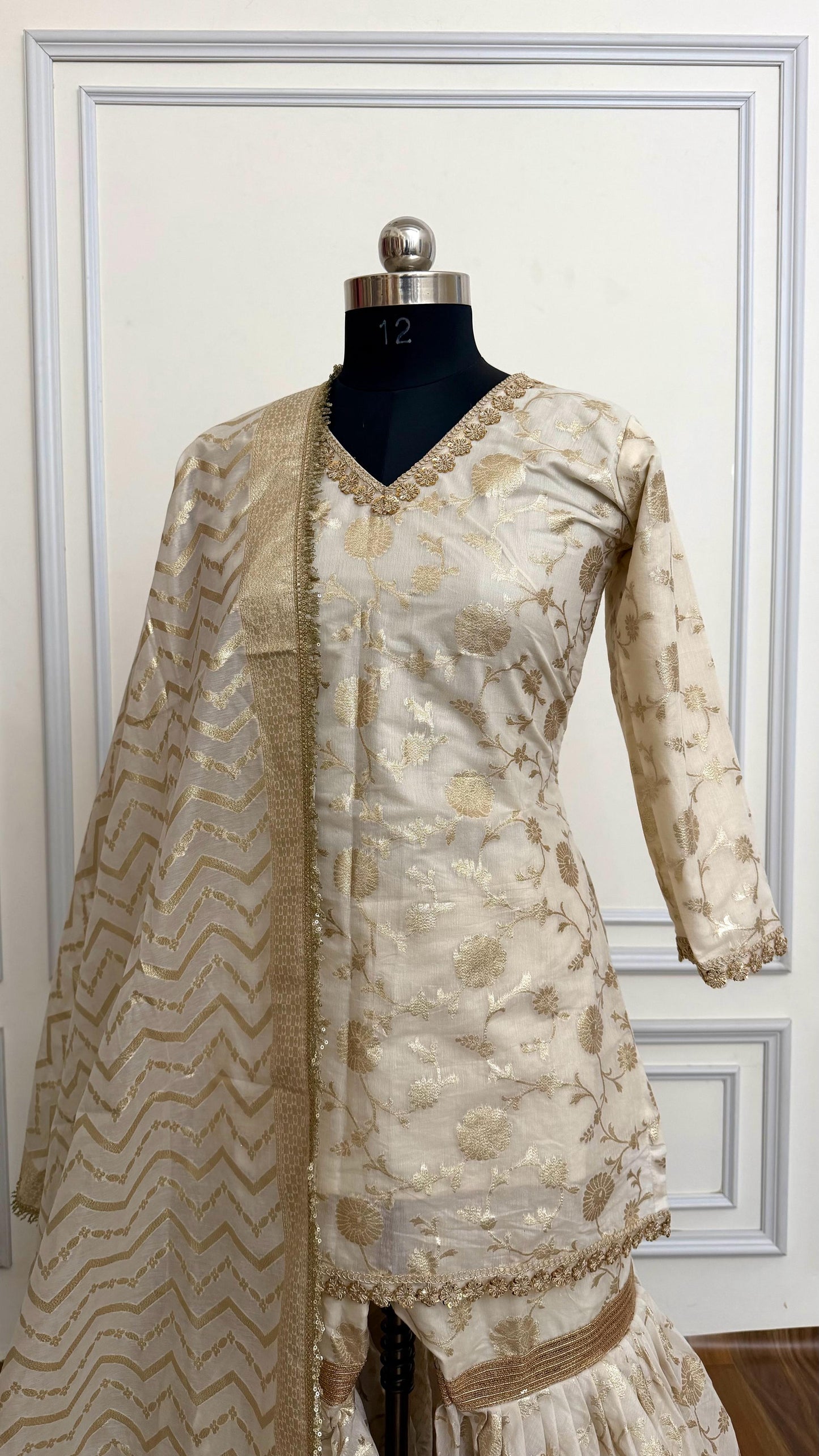 Off white banarasi cotton silk gharara