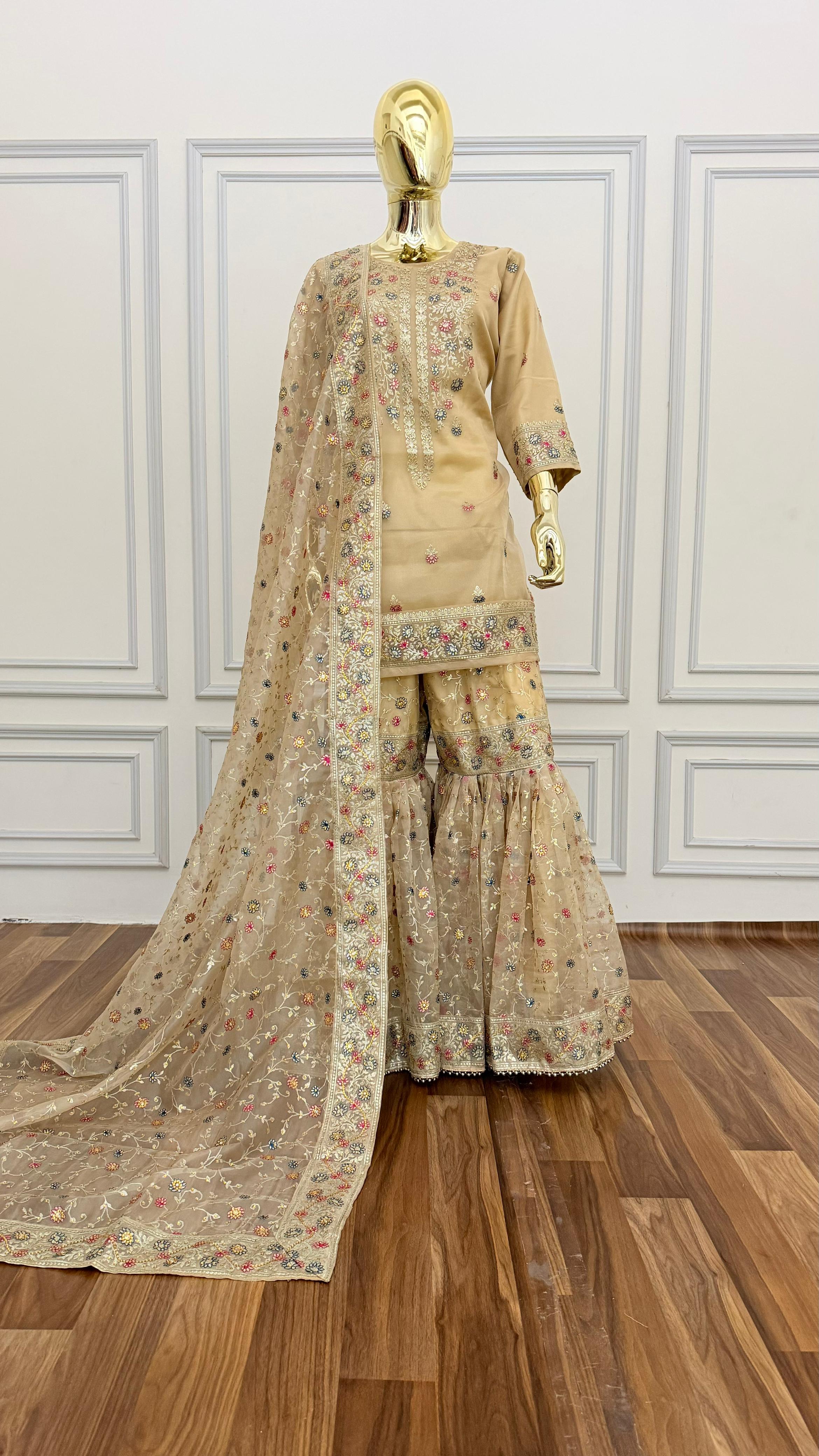 BEIGE SHINY ORGANZA GHARARA