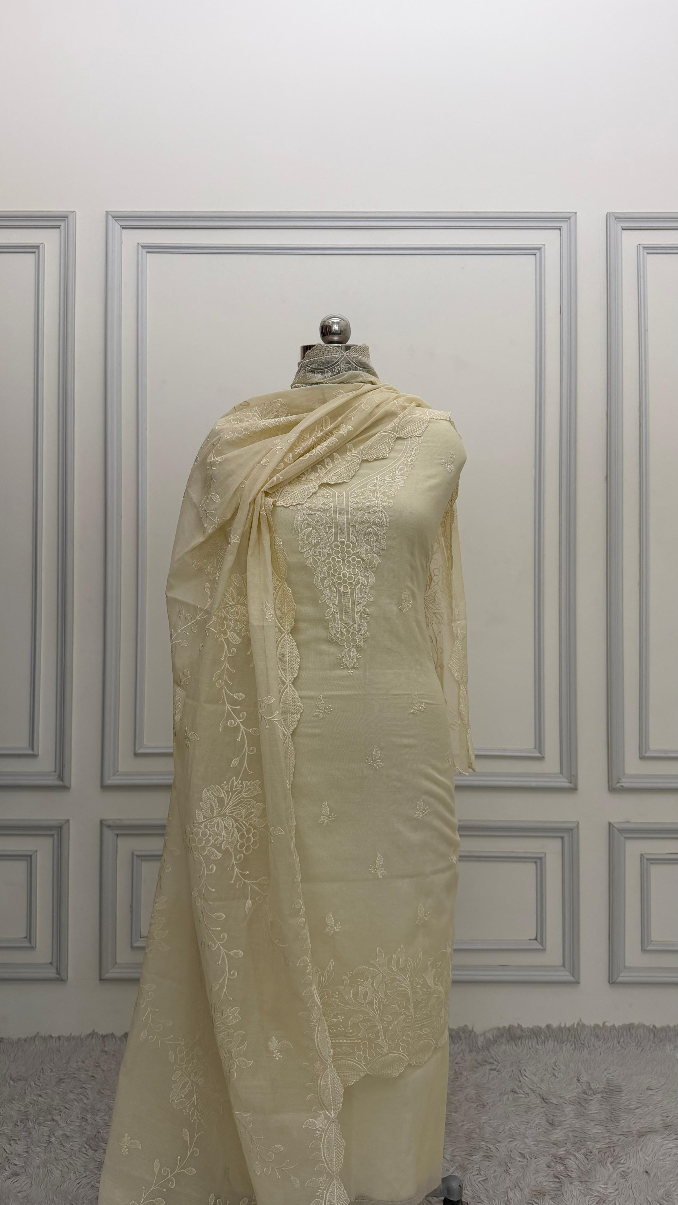 LIGHT YELLOW COTTON MUL 3 PIECE SUIT