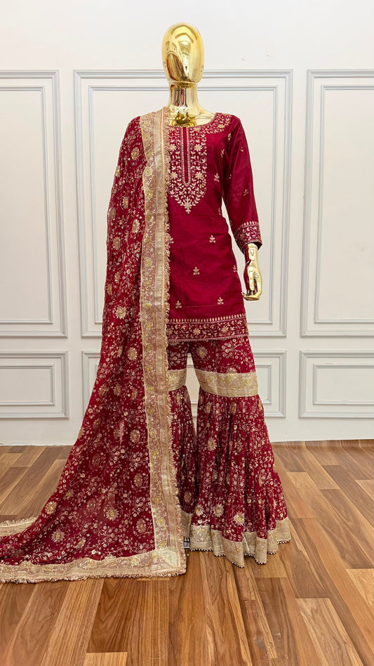 MAROON CHIFFON SILK GHARARA