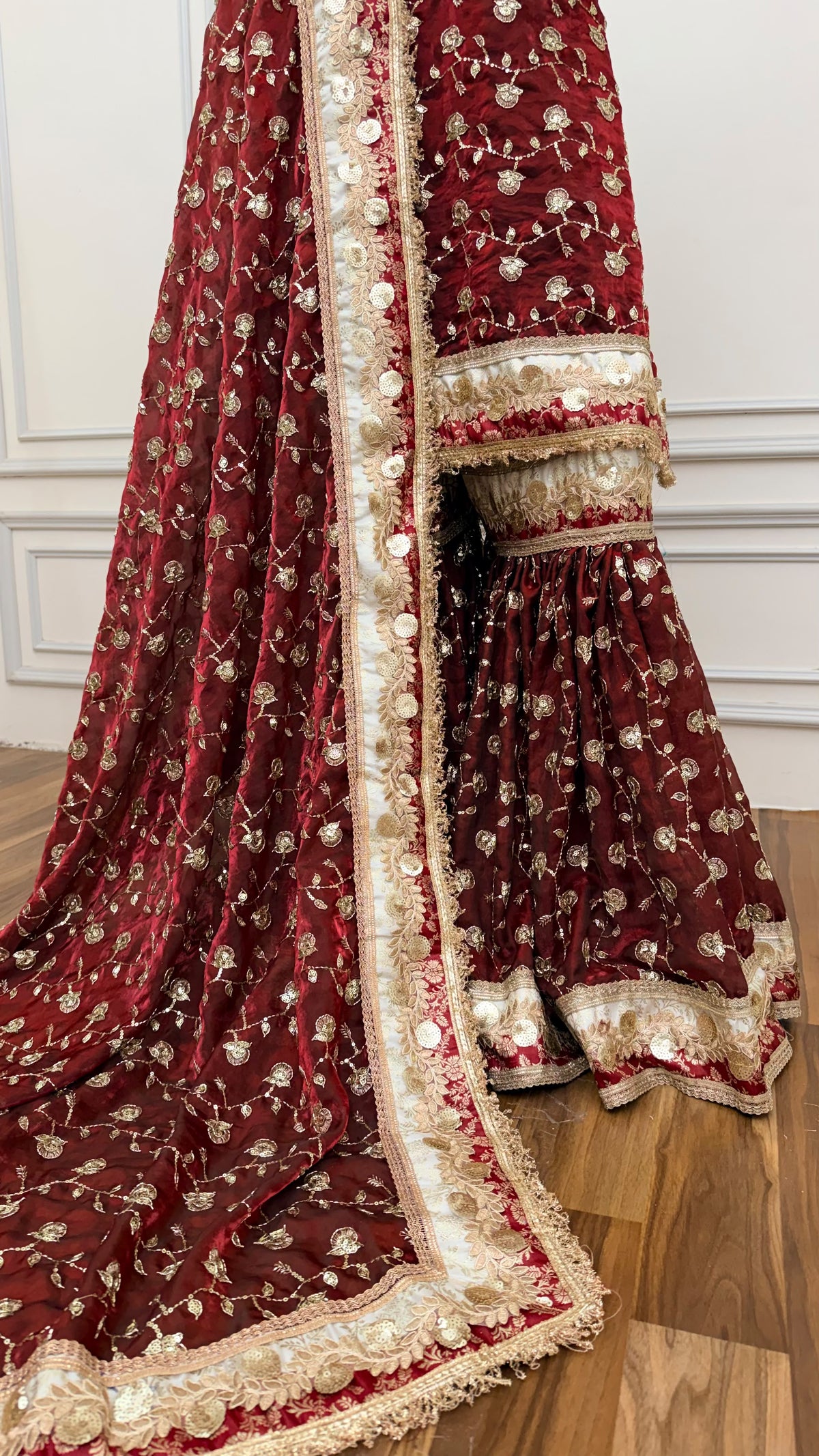 DEEP BLOOD MAROON RAMPURI GHARARA