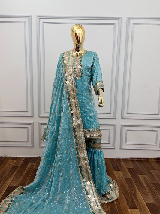 SKY BLUE RAMPURI GHARARA