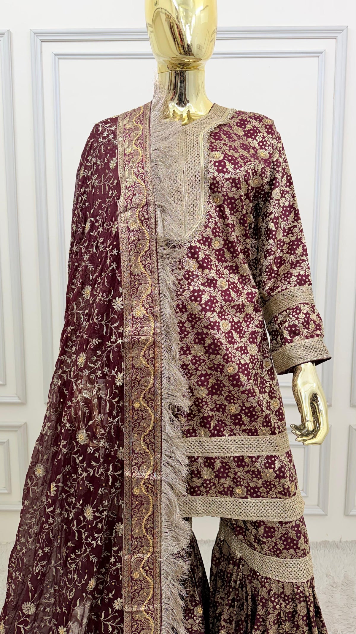 COFFEE COLOR BANARASI KIMKHAB GHARARA WITH STONE WORK