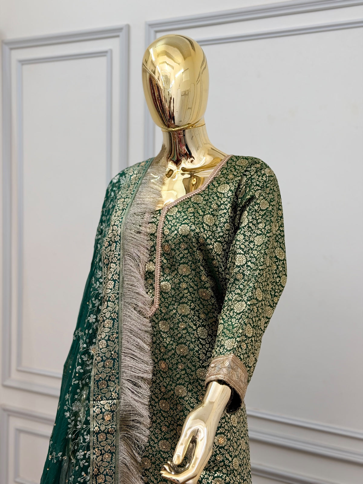 BOTTLE GREEN TOP GHARARA WITH STONE WORK