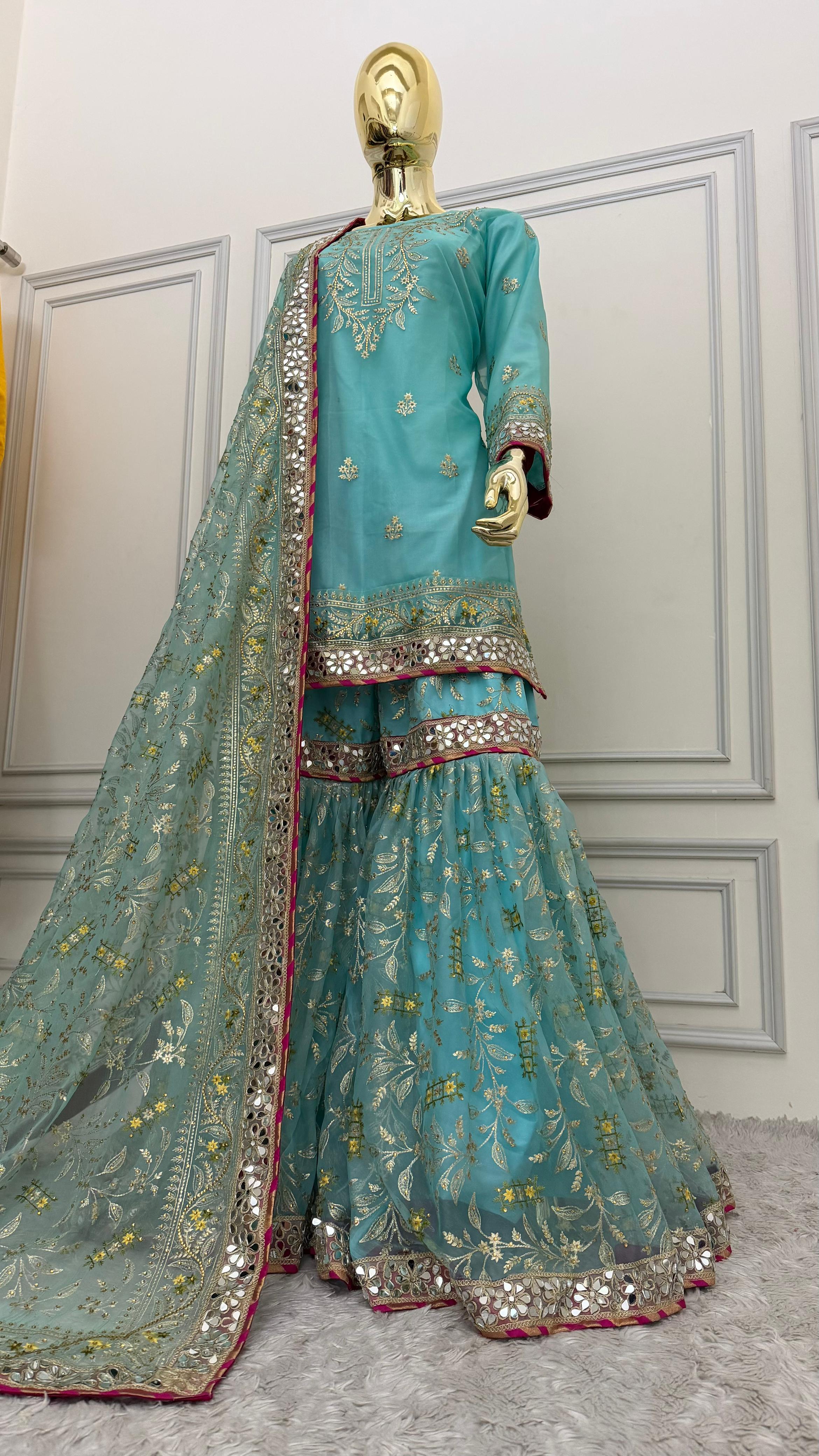CYAN BLUE SHADE MIRROR WORK  GHARARA