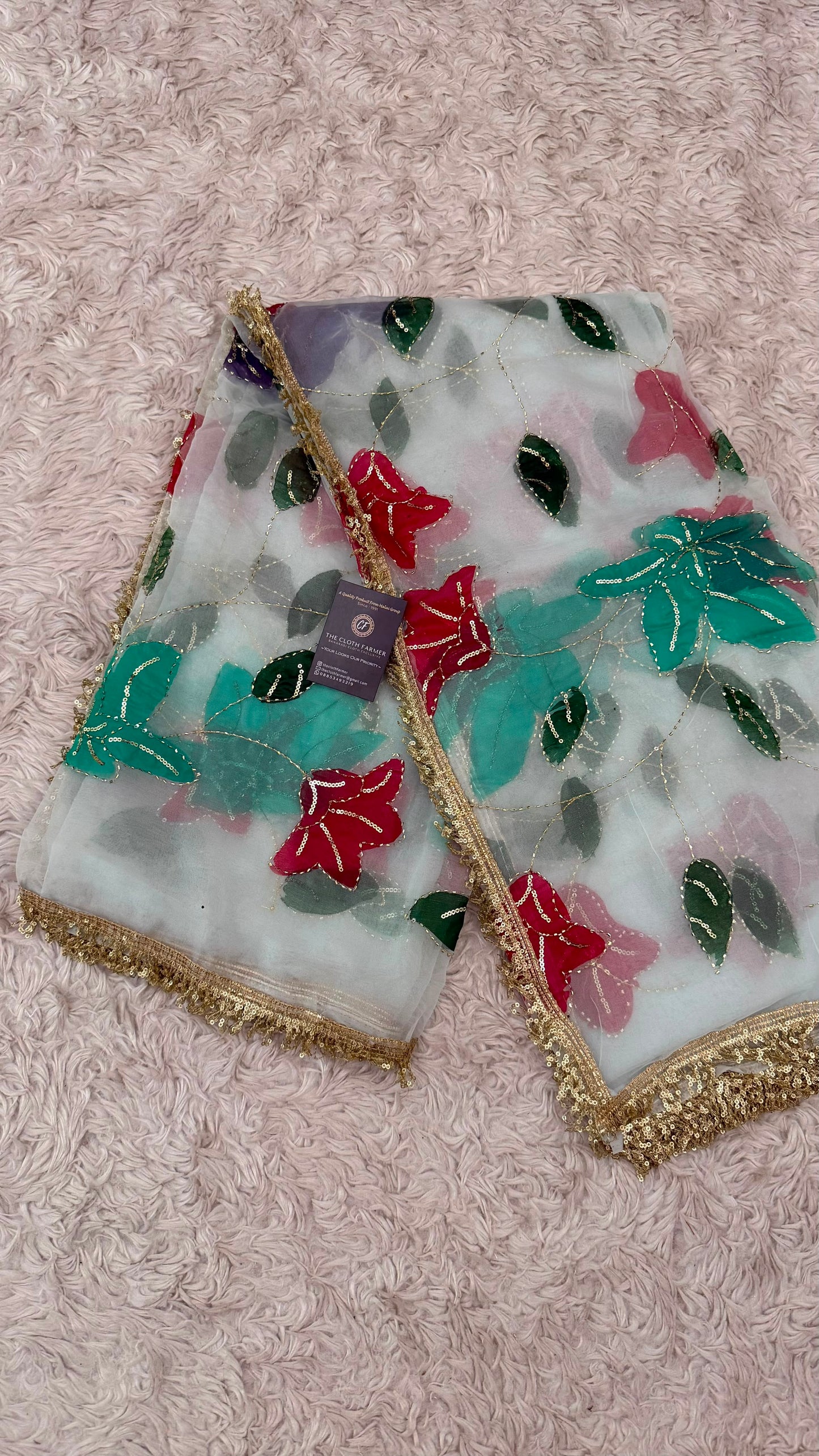 GREEN DARK BLUE MAROON FLORAL PAINTED DUPATTA