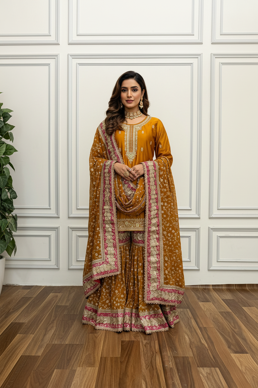 MUSTARD WITH RANI BOARDER GEORGETTE GHARARA