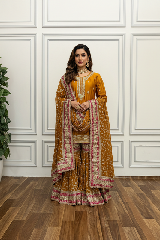 MUSTARD WITH RANI BOARDER GEORGETTE GHARARA