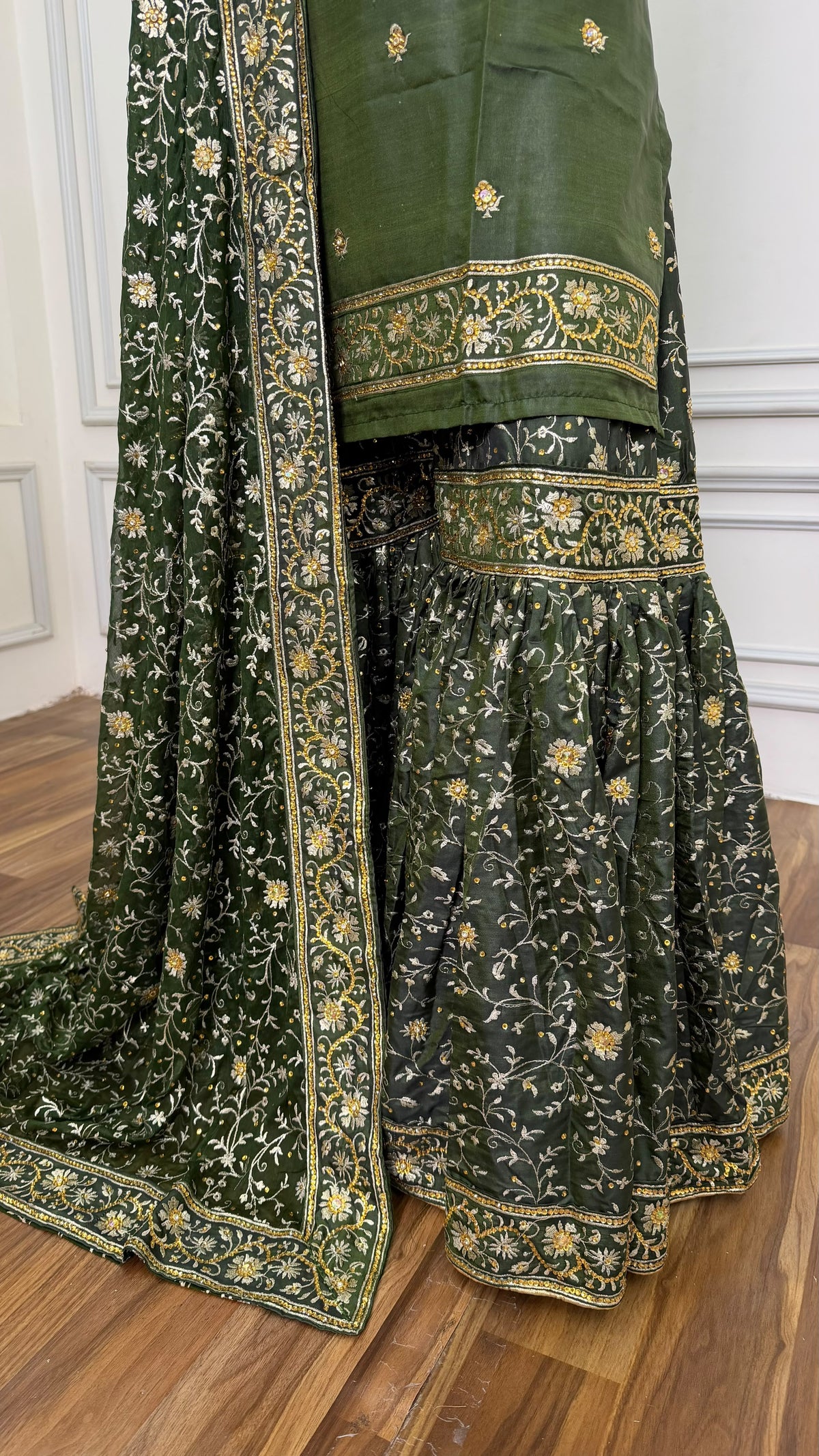 DEEP MEHENDI KUNDAN WORK SILK GHARARA