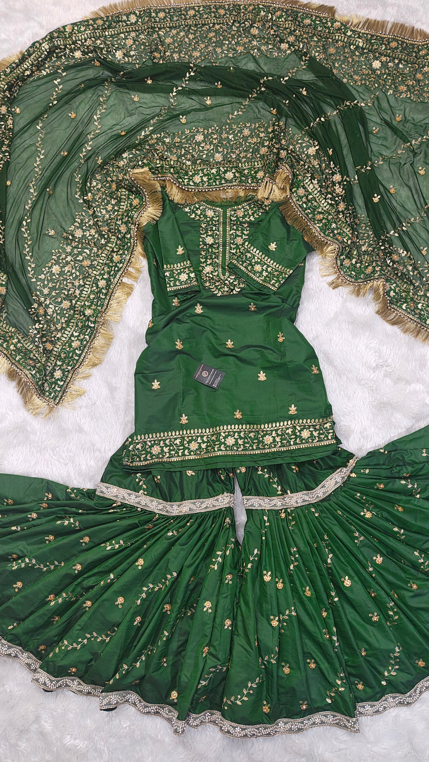 Dark Mehandi Green aada pattern Embroidered Gharara with Viscose silk base
