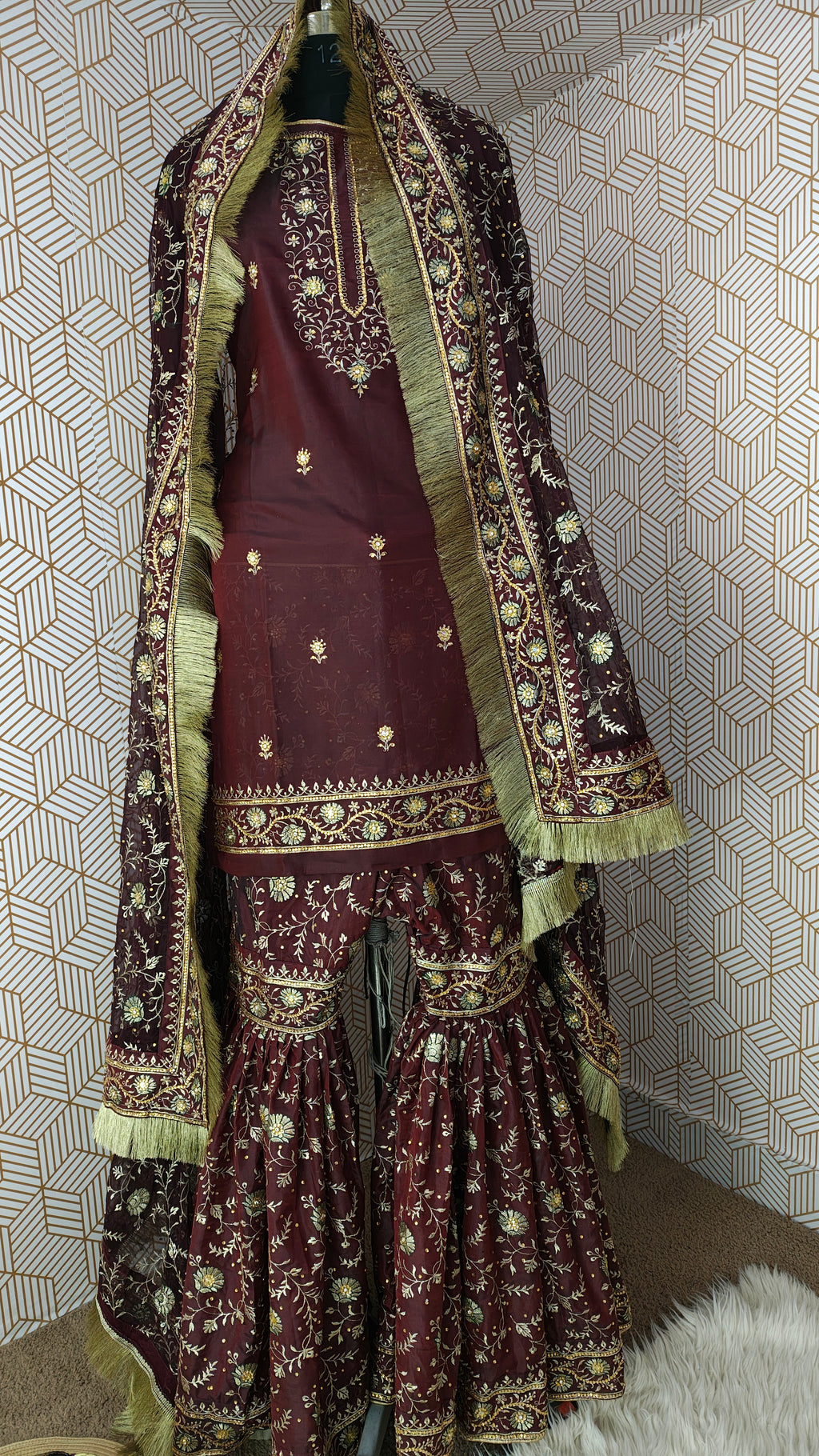Coffee maroon Embroidered Gharara with Viscose silk base