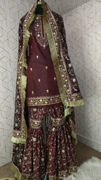Coffee maroon Embroidered Gharara with Viscose silk base