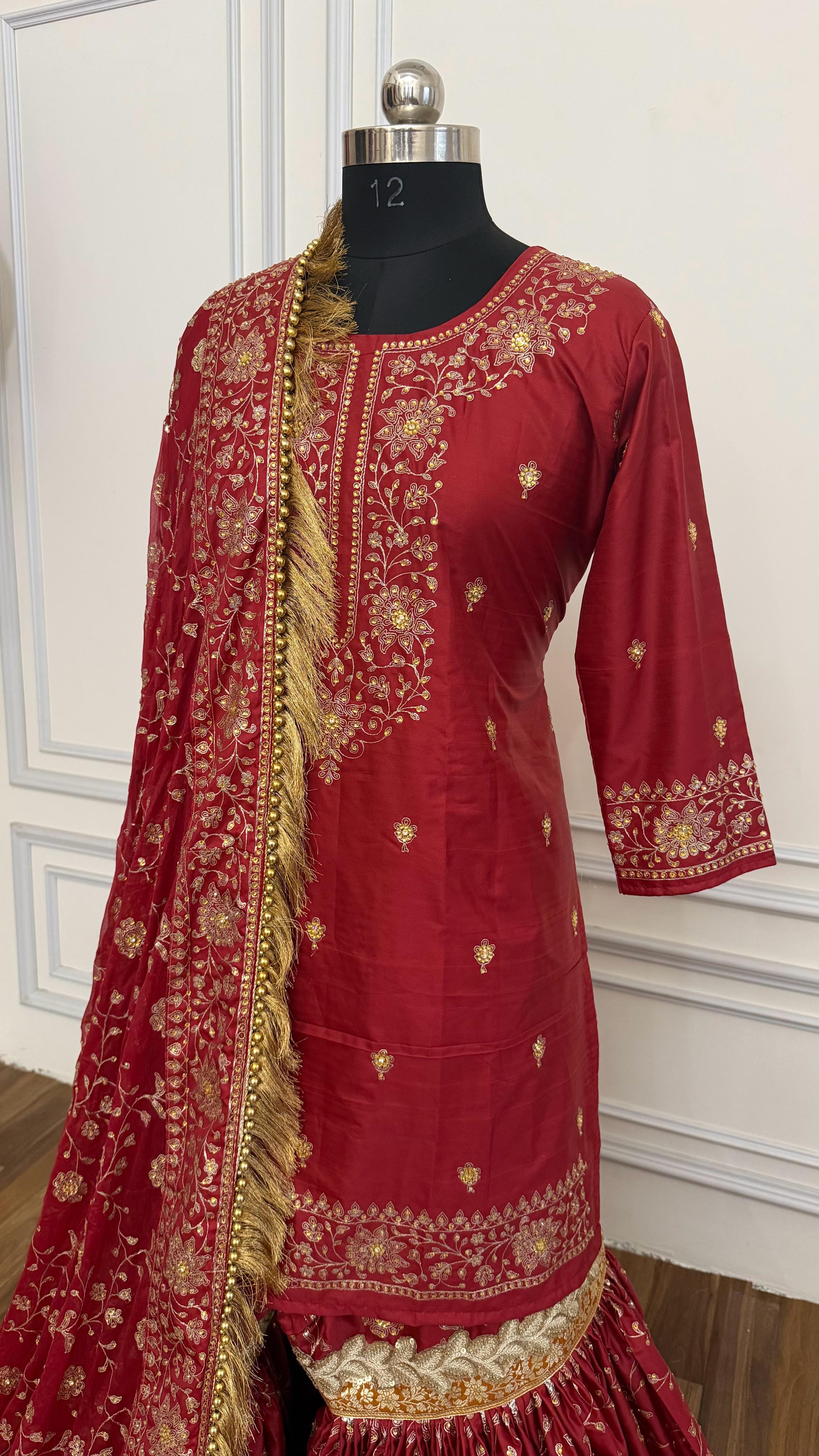 Bridal maroon viscose silk based gharara