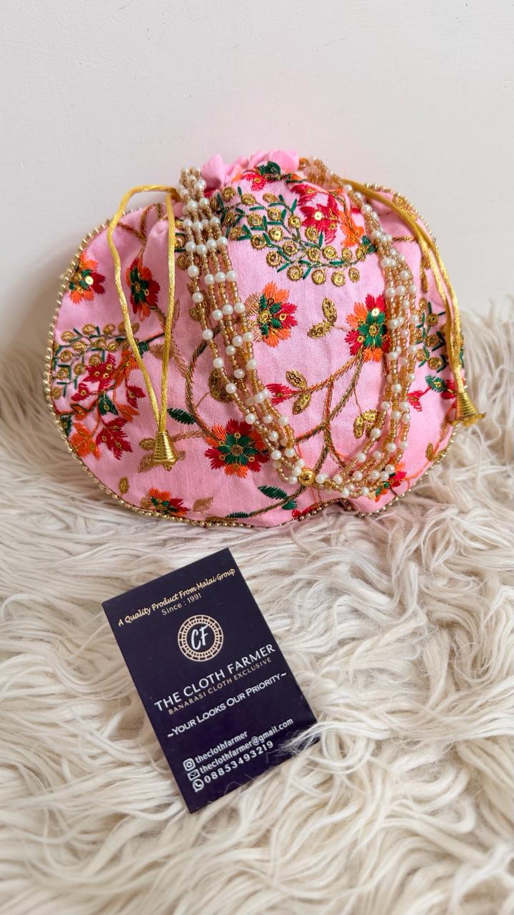 BABY PINK COLOR EMBROIDED BANARASI POTLI