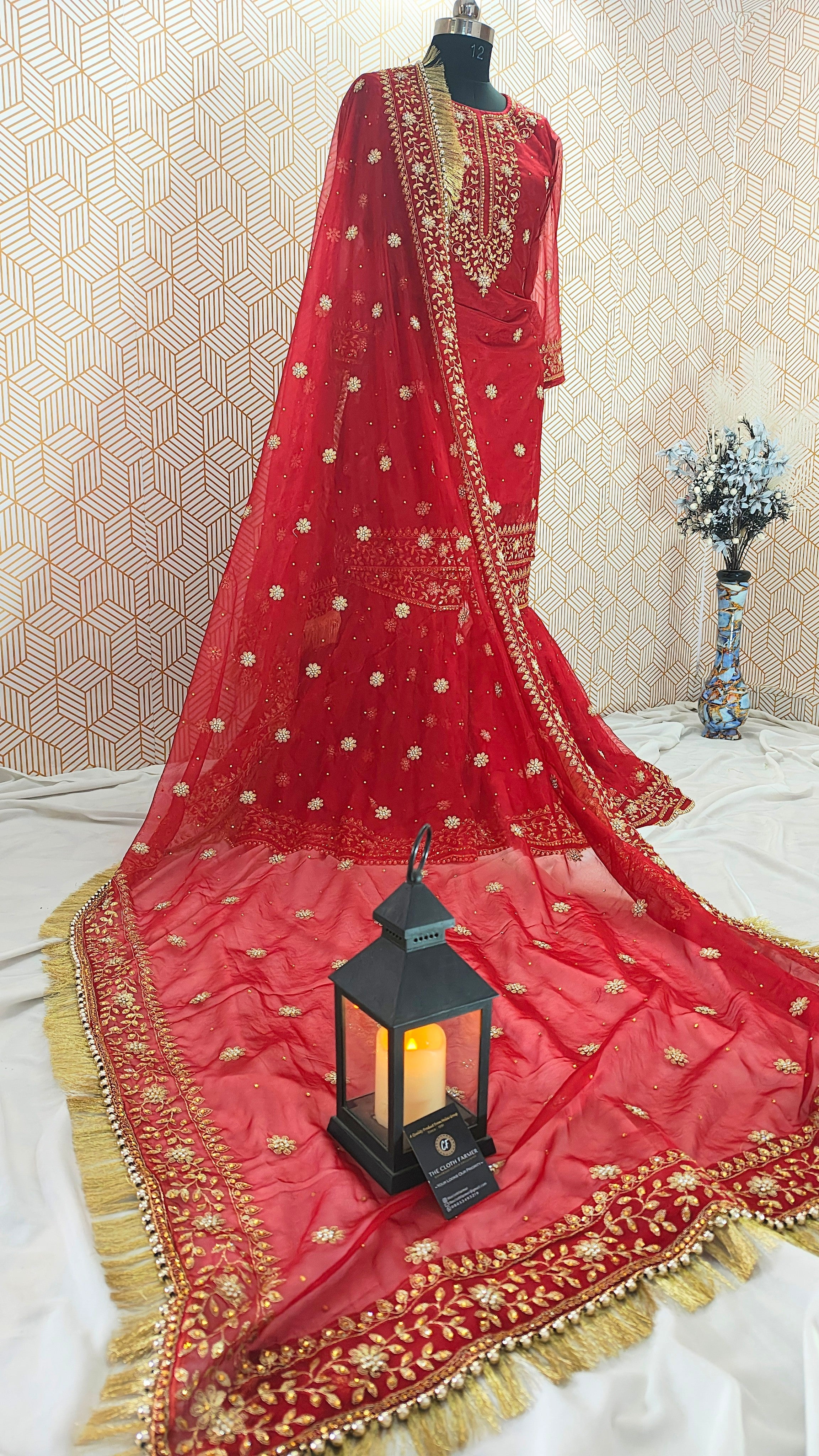 Bridal Maroon booti Pattern Embroidered Gharara