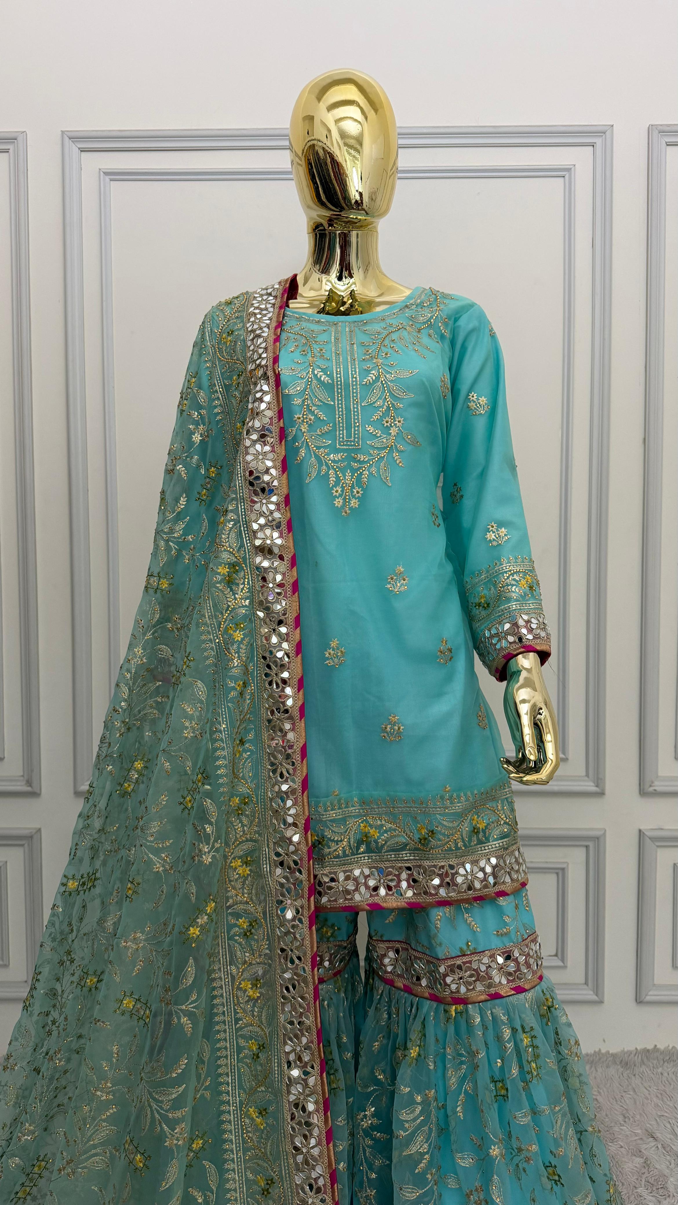 CYAN BLUE SHADE MIRROR WORK  GHARARA