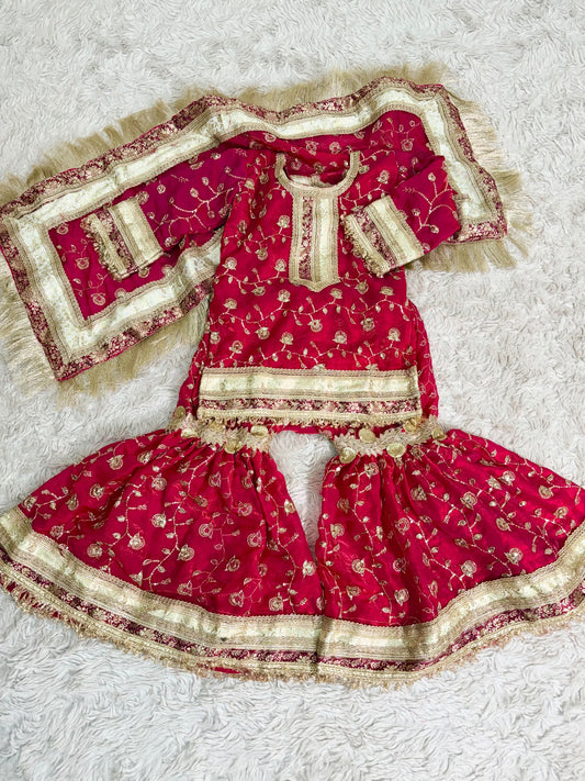 RANI PINK ORGANZA KIDS RAMPURI GHARARA