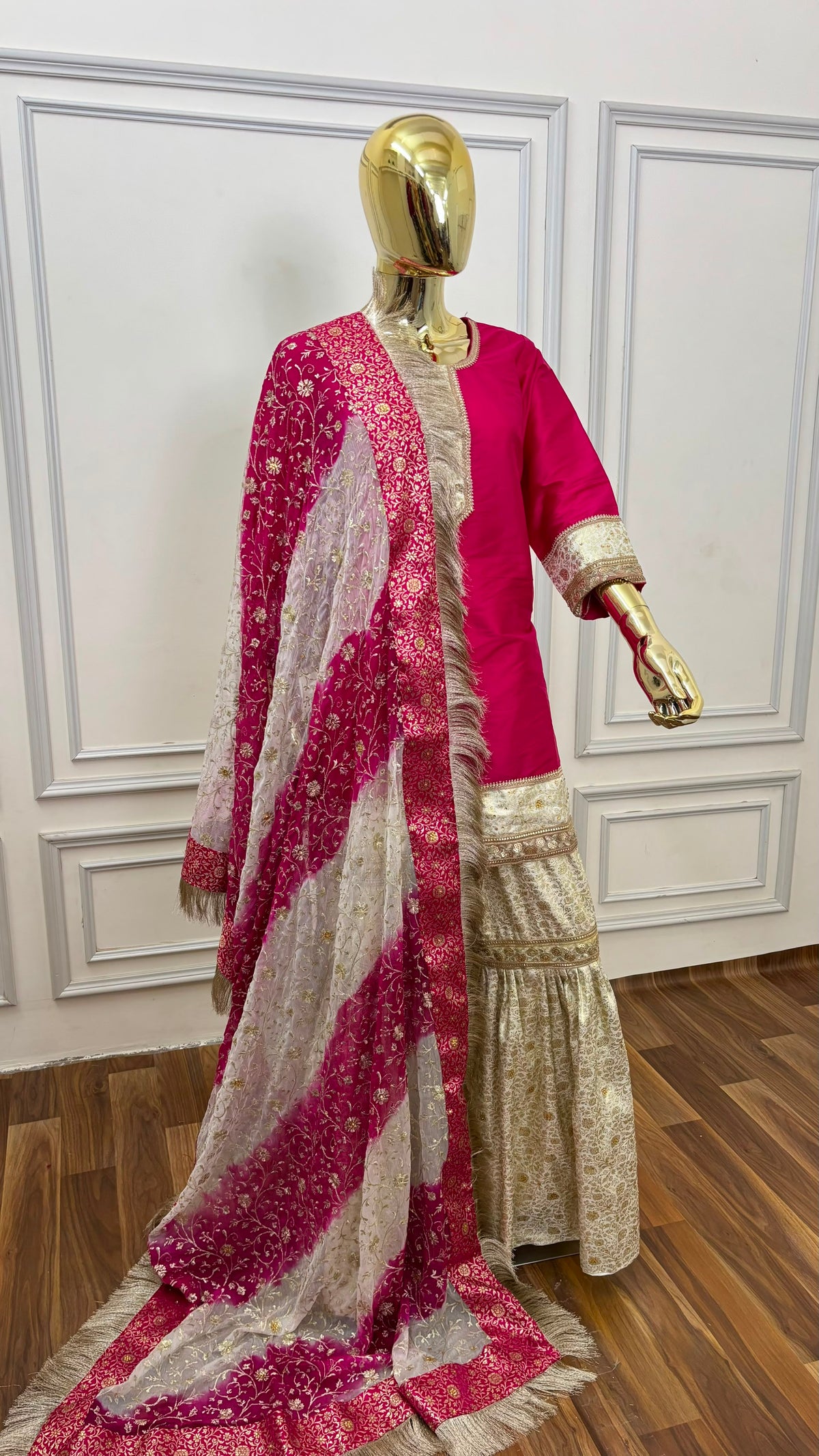 RANI PINK OFF WHITE RED BANARASI KIMKHAB GHARARA WITH STONE WORK