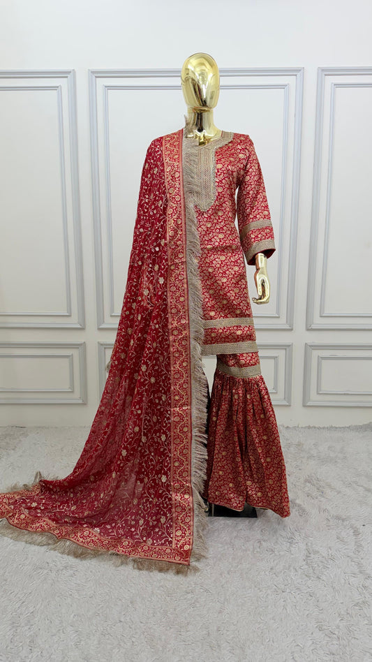 RED COLOR BANARASI KIMKHAB GHARARA WITH STONE WORK
