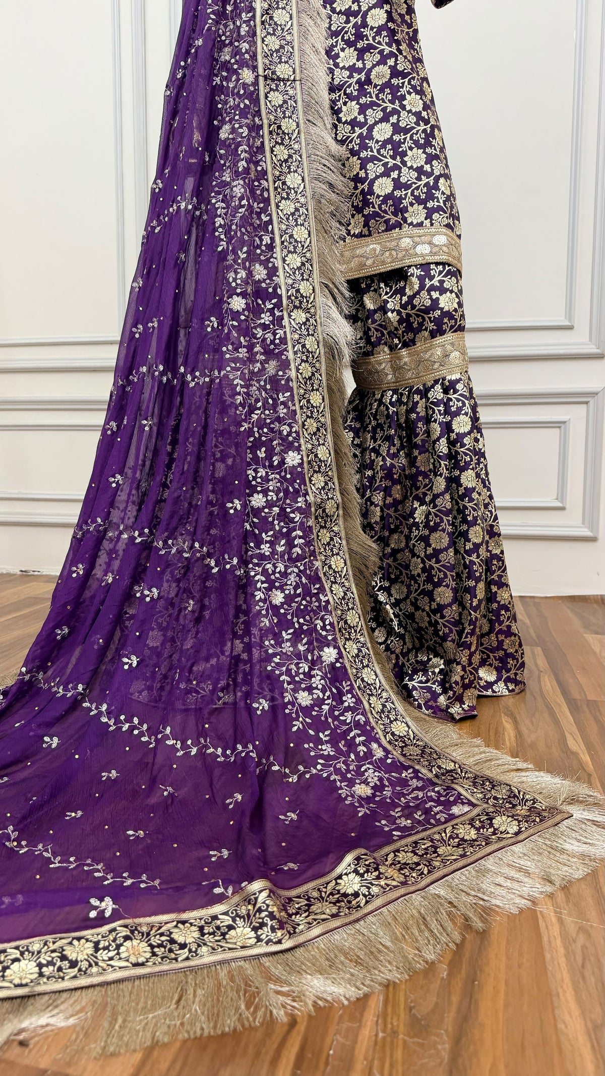 WINE TOP GHARARA WITH STONE WORK