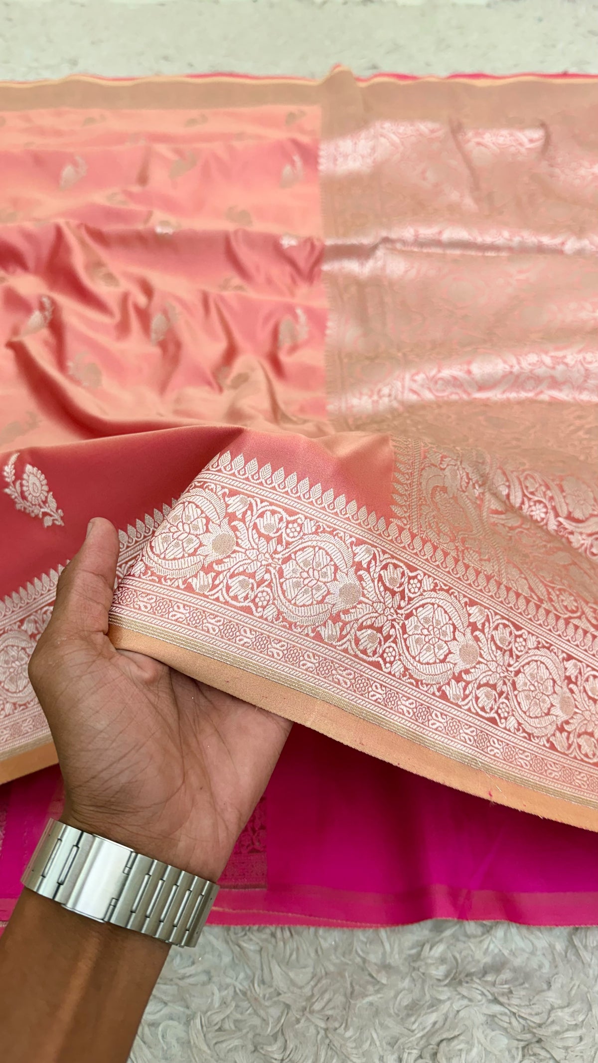 CANDLELIGHT PEACH BUTI MASHRU KATAAN SILK