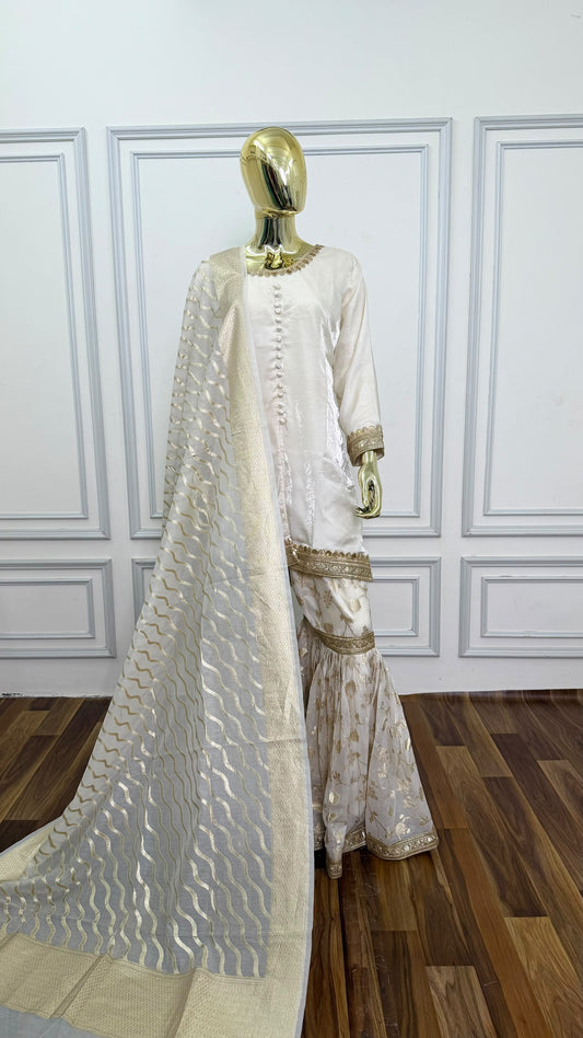 BANARASI COTTON SILK OFF WHITE GHARARA