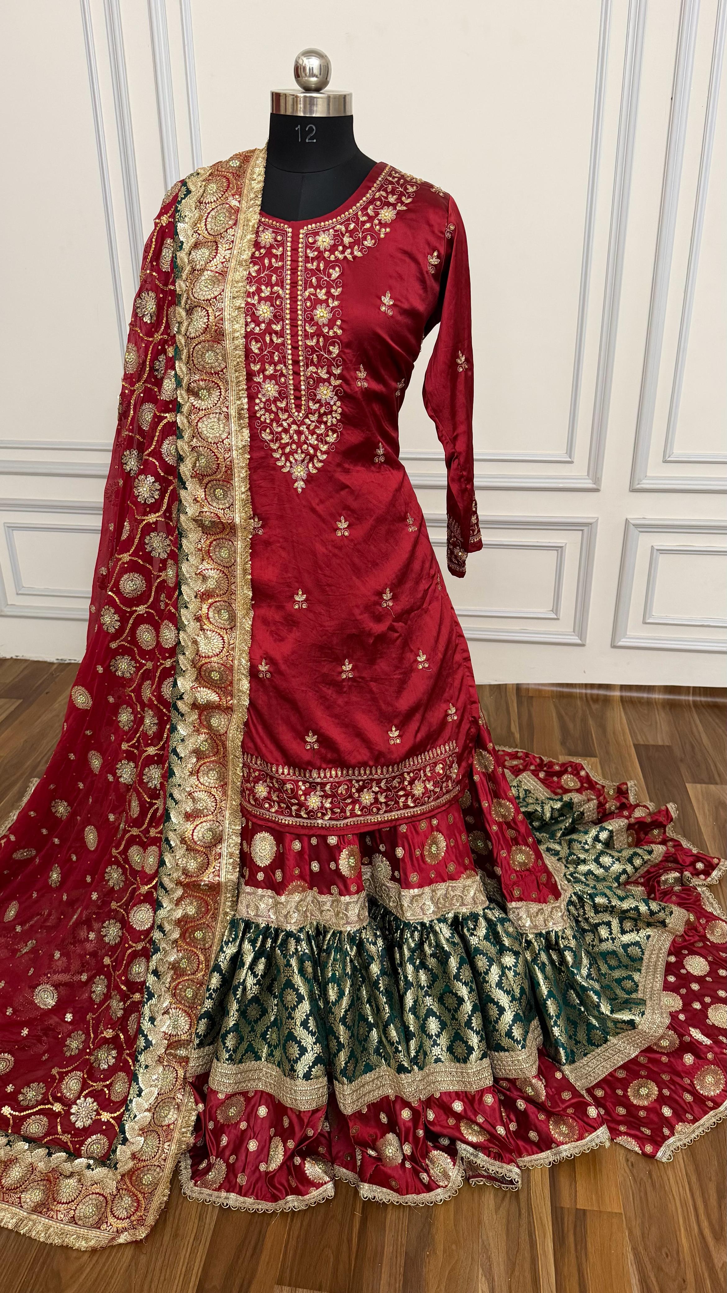 Blood maroon and green contrast farshi