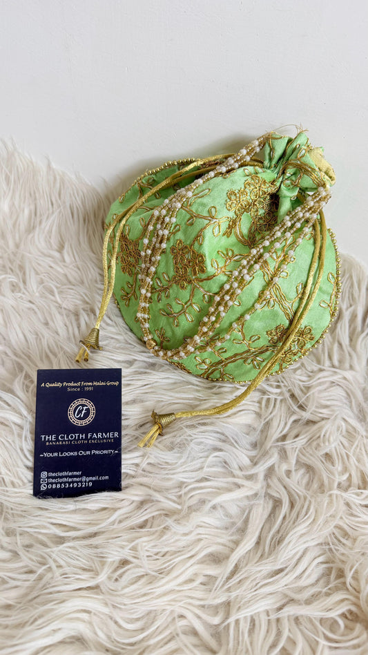 PISTA COLOR EMBROIDED BANARASI POTLI