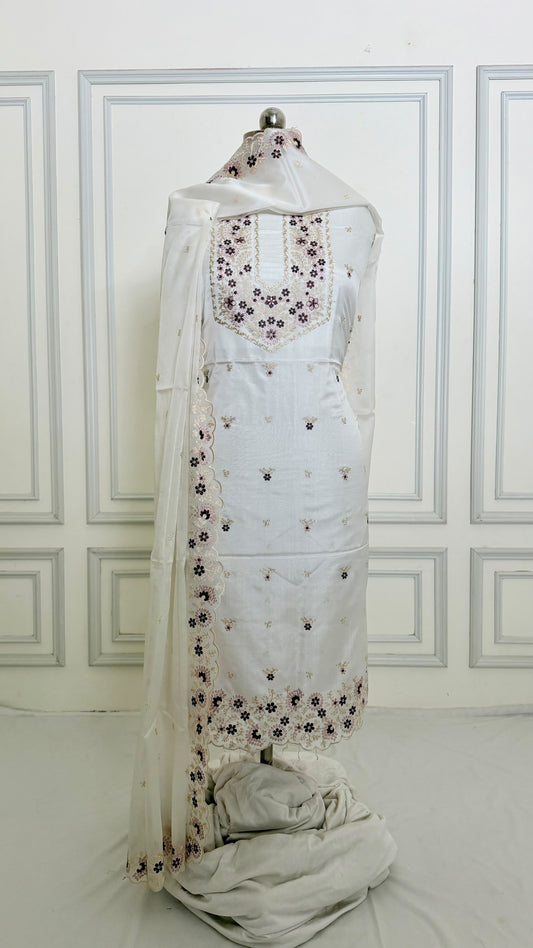 White resham embroidery suit with pure dupatta