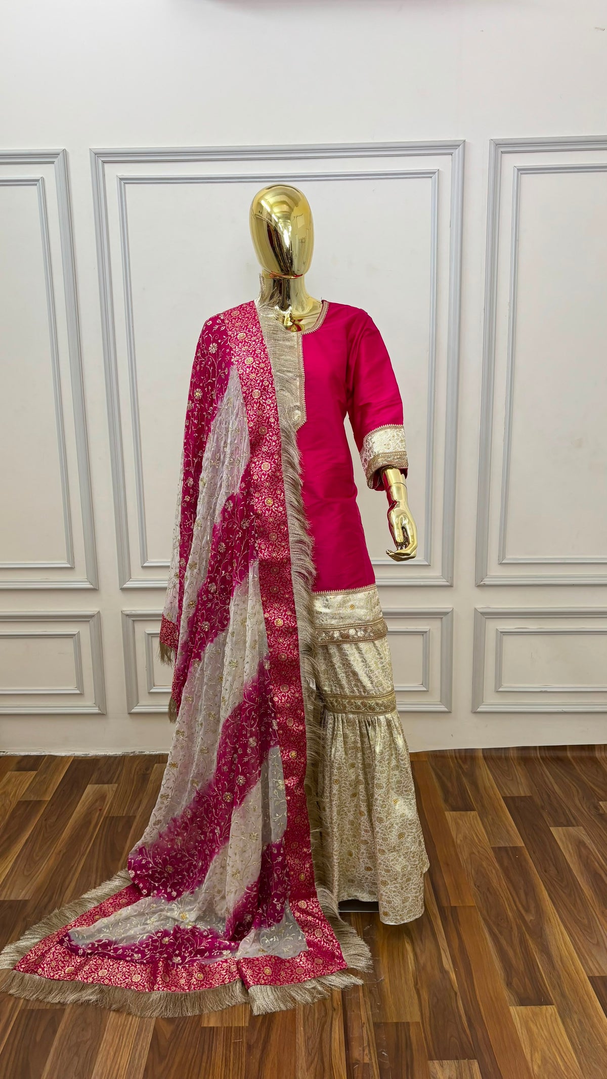 RANI PINK OFF WHITE RED BANARASI KIMKHAB GHARARA WITH STONE WORK