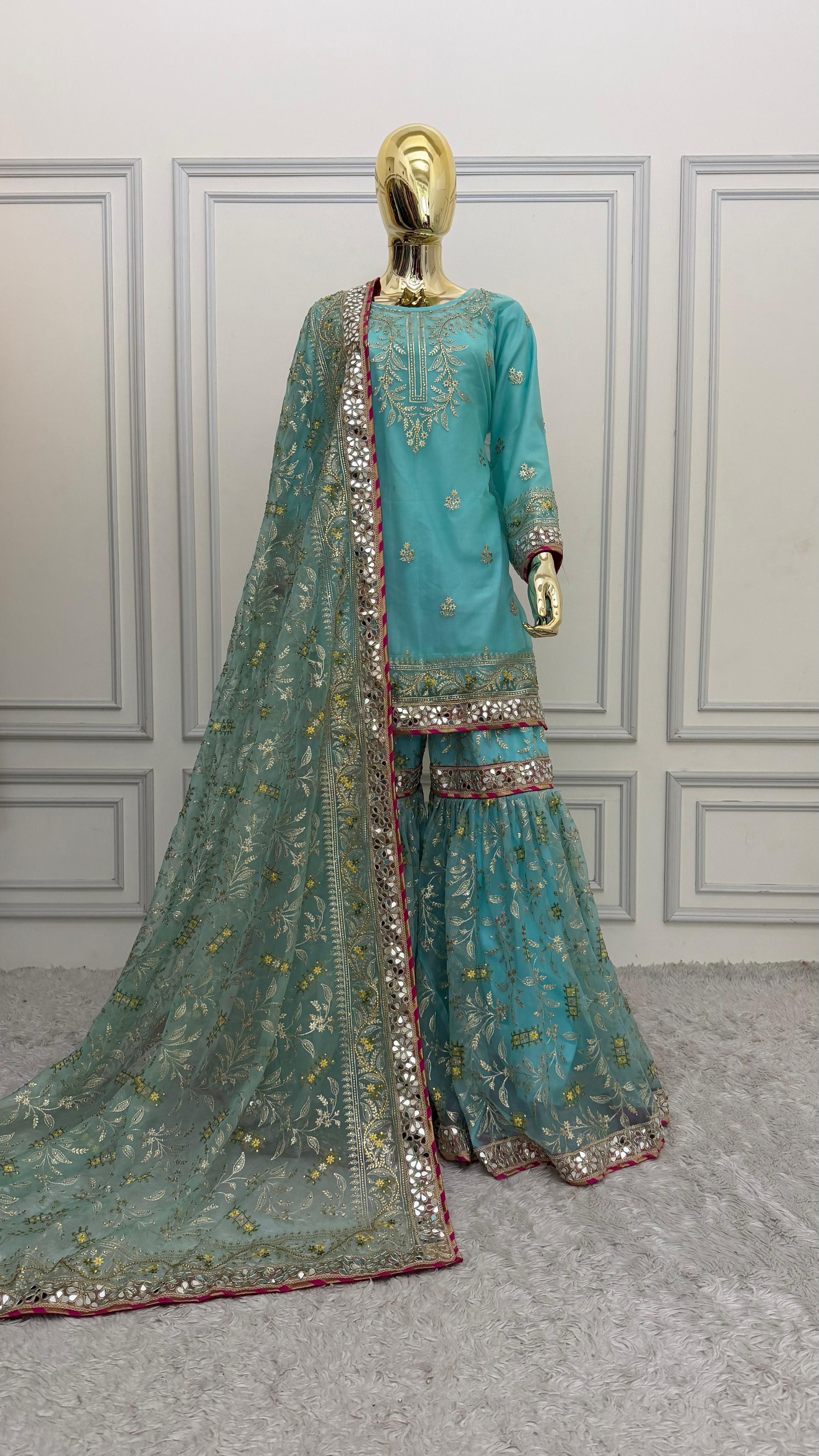 CYAN BLUE SHADE MIRROR WORK  GHARARA