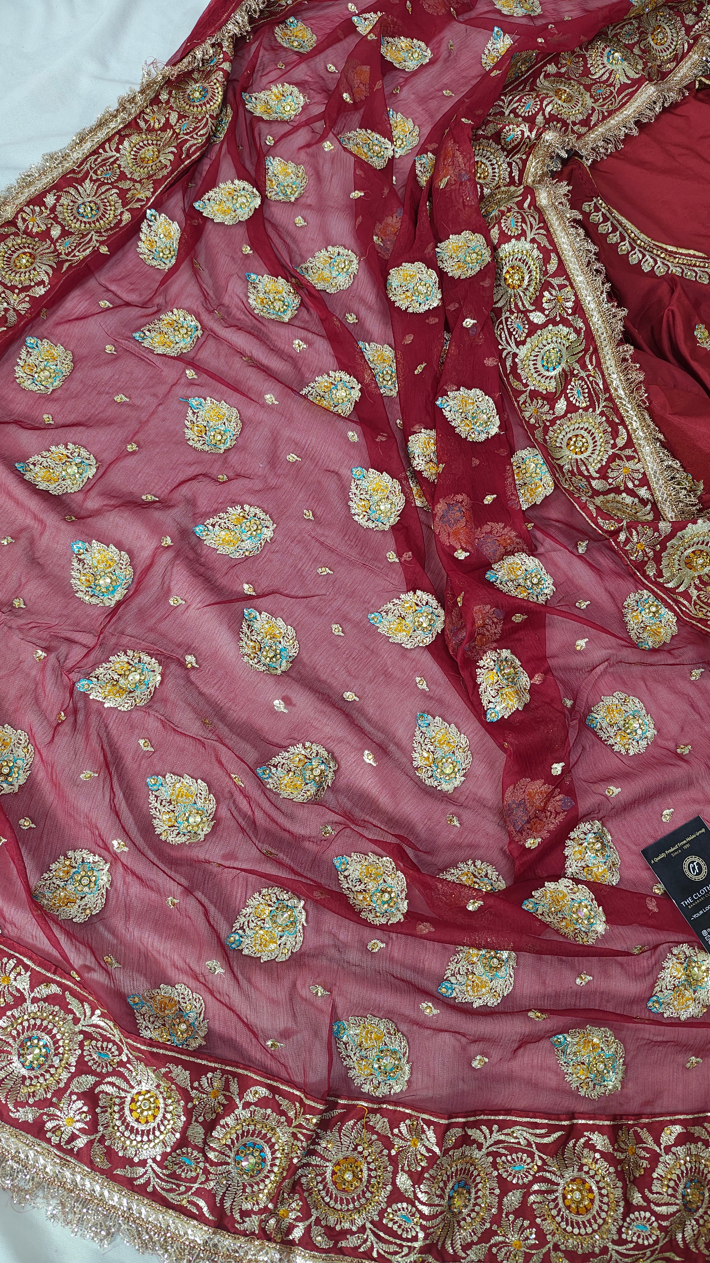 Blood maroon paan pattern Embroidered Gharara with Viscose silk base