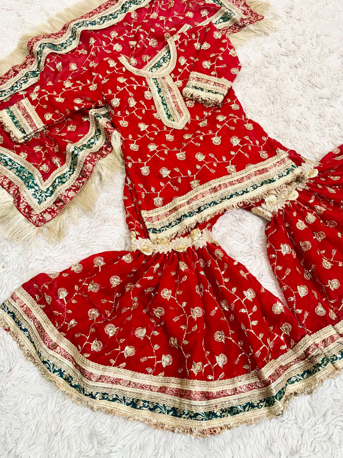 RED KIDS ORGANZA RAMPURI GHARARA