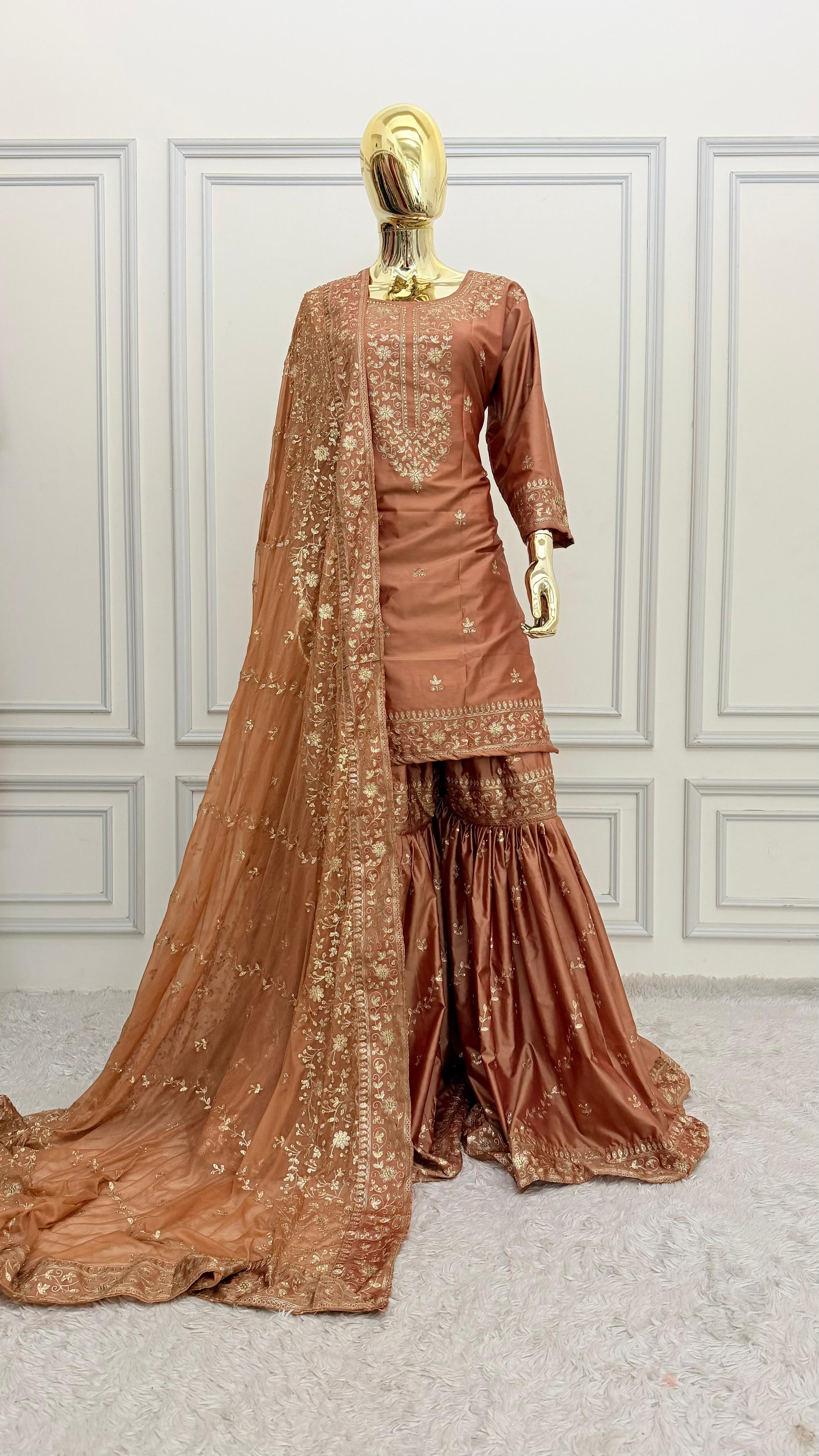 REDDISH PEACH SHADE VISCOSE SILK BASED GHARARA