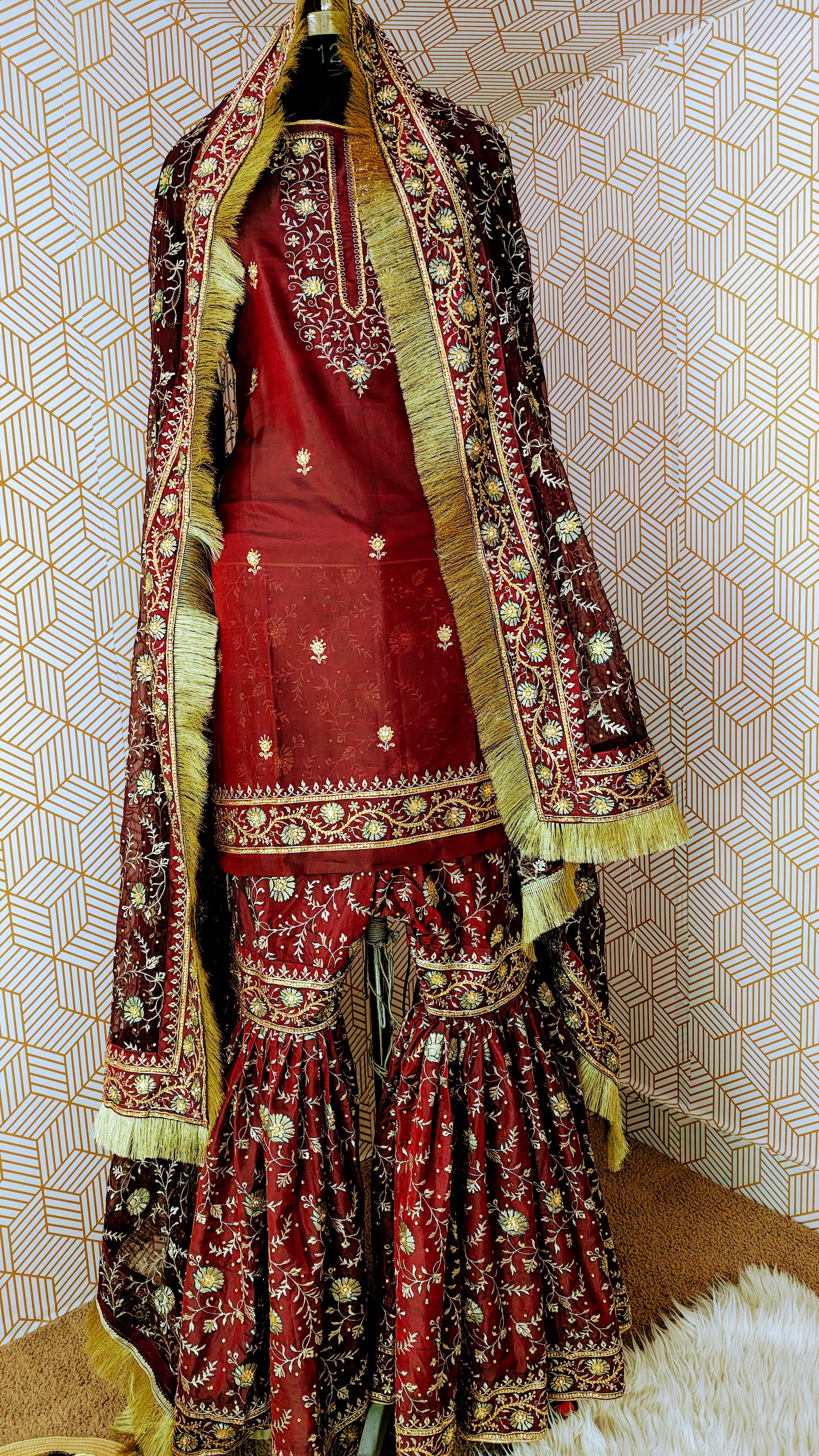 Blood maroon Embroidered Gharara with Viscose silk base