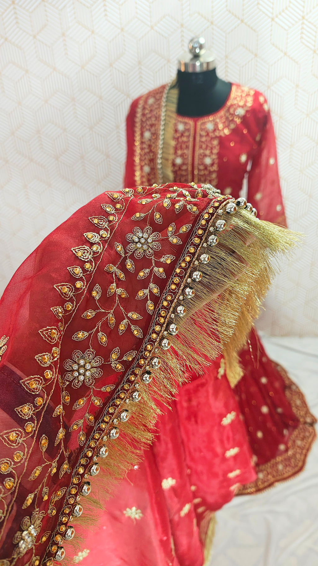 Bridal Maroon booti Pattern Embroidered Gharara