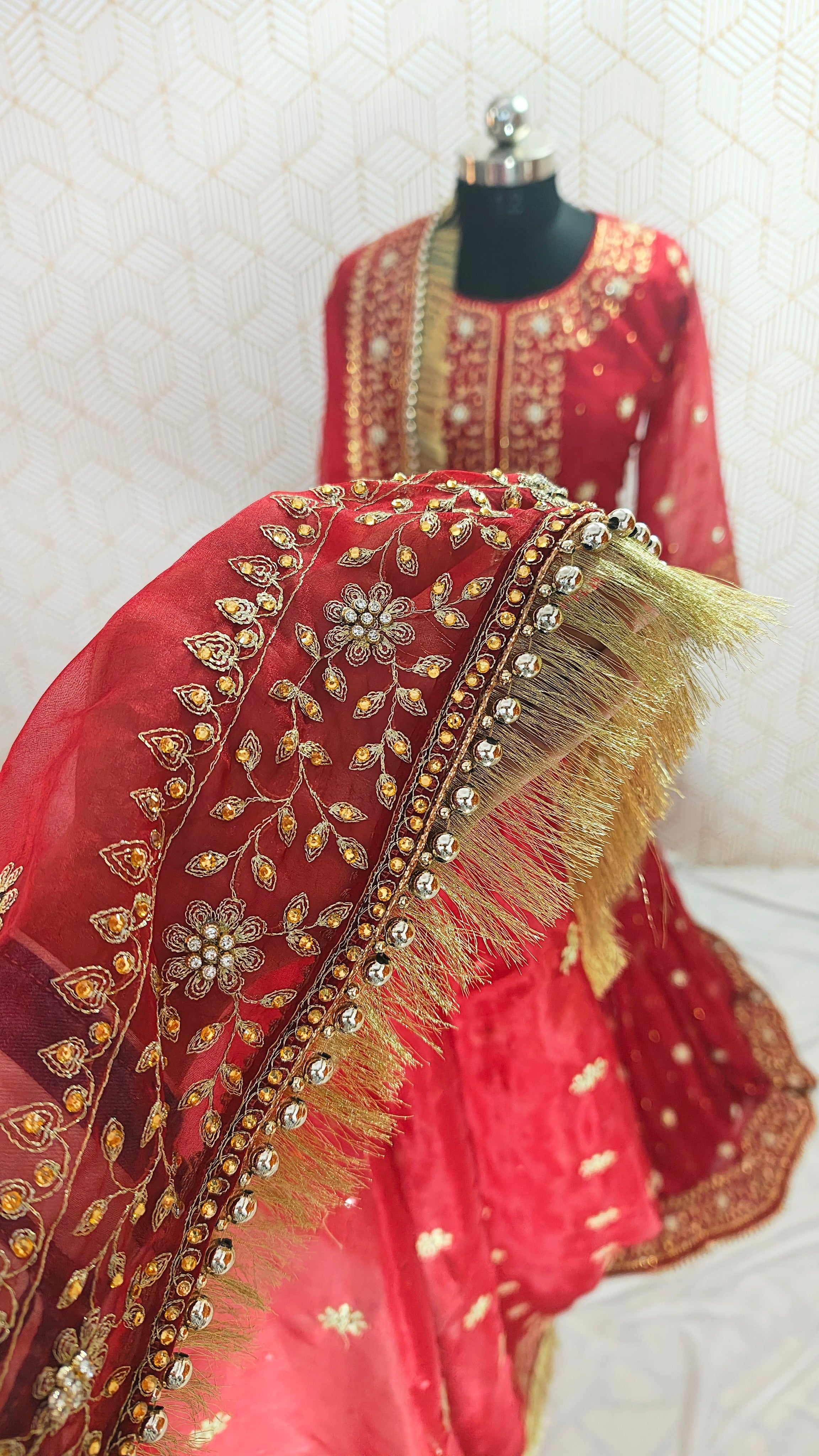 Bridal Maroon booti Pattern Embroidered Gharara