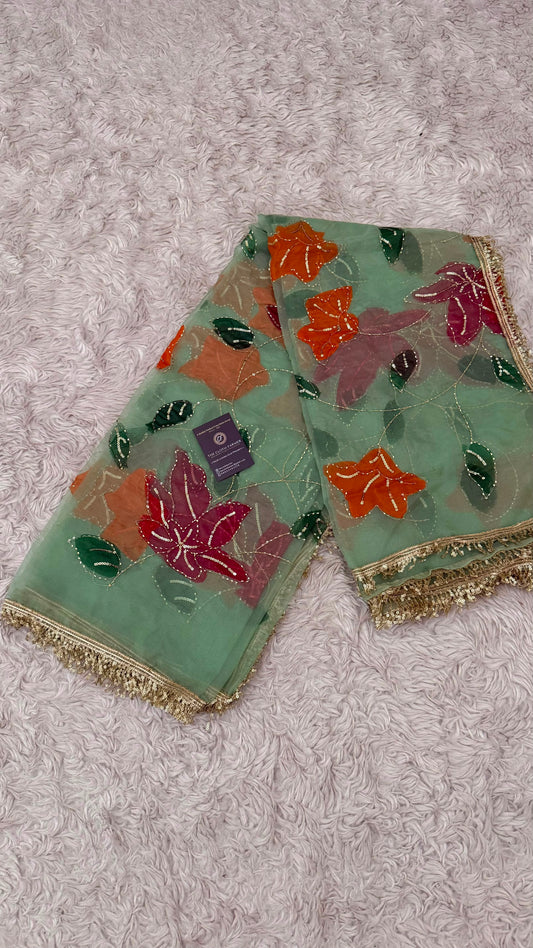 ORANGE MAROON GREEN FLORAL PAINTED DUPATTA