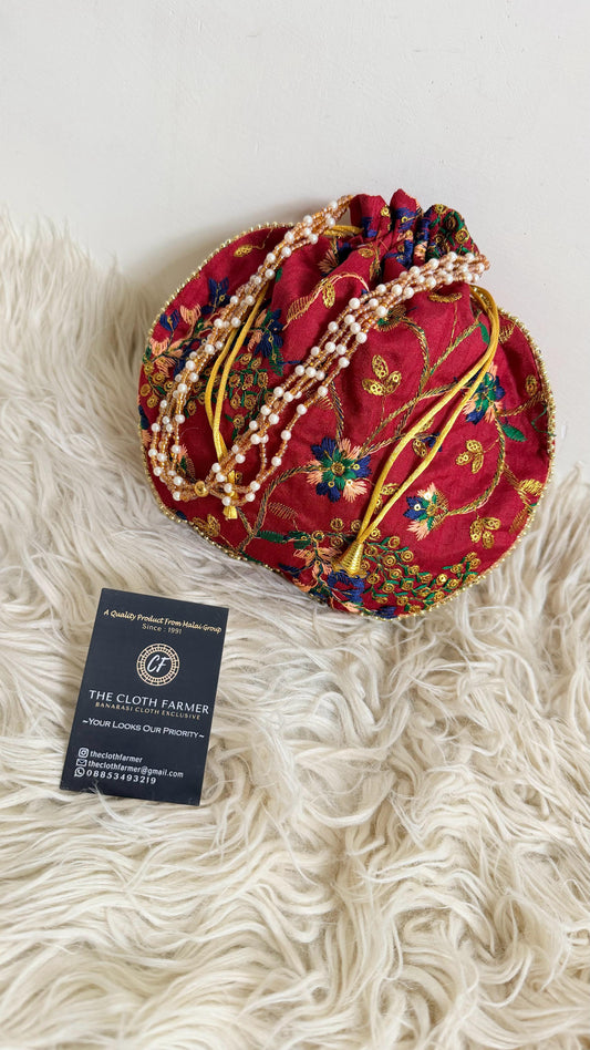MAROON COLOR EMBROIDED BANARASI POTLI