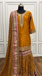 MUSTARD WITH RANI BOARDER GEORGETTE GHARARA
