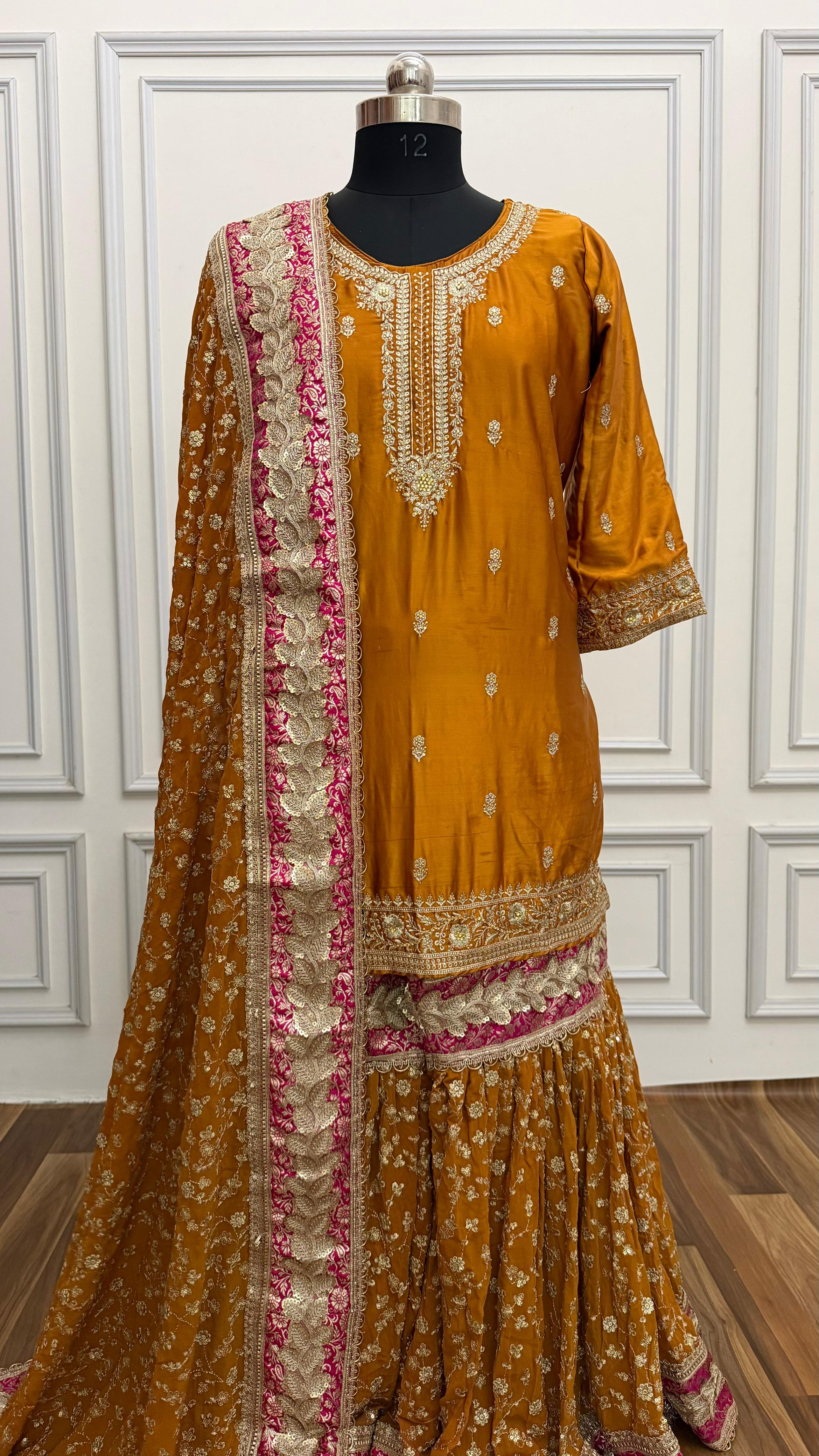 MUSTARD WITH RANI BOARDER GEORGETTE GHARARA