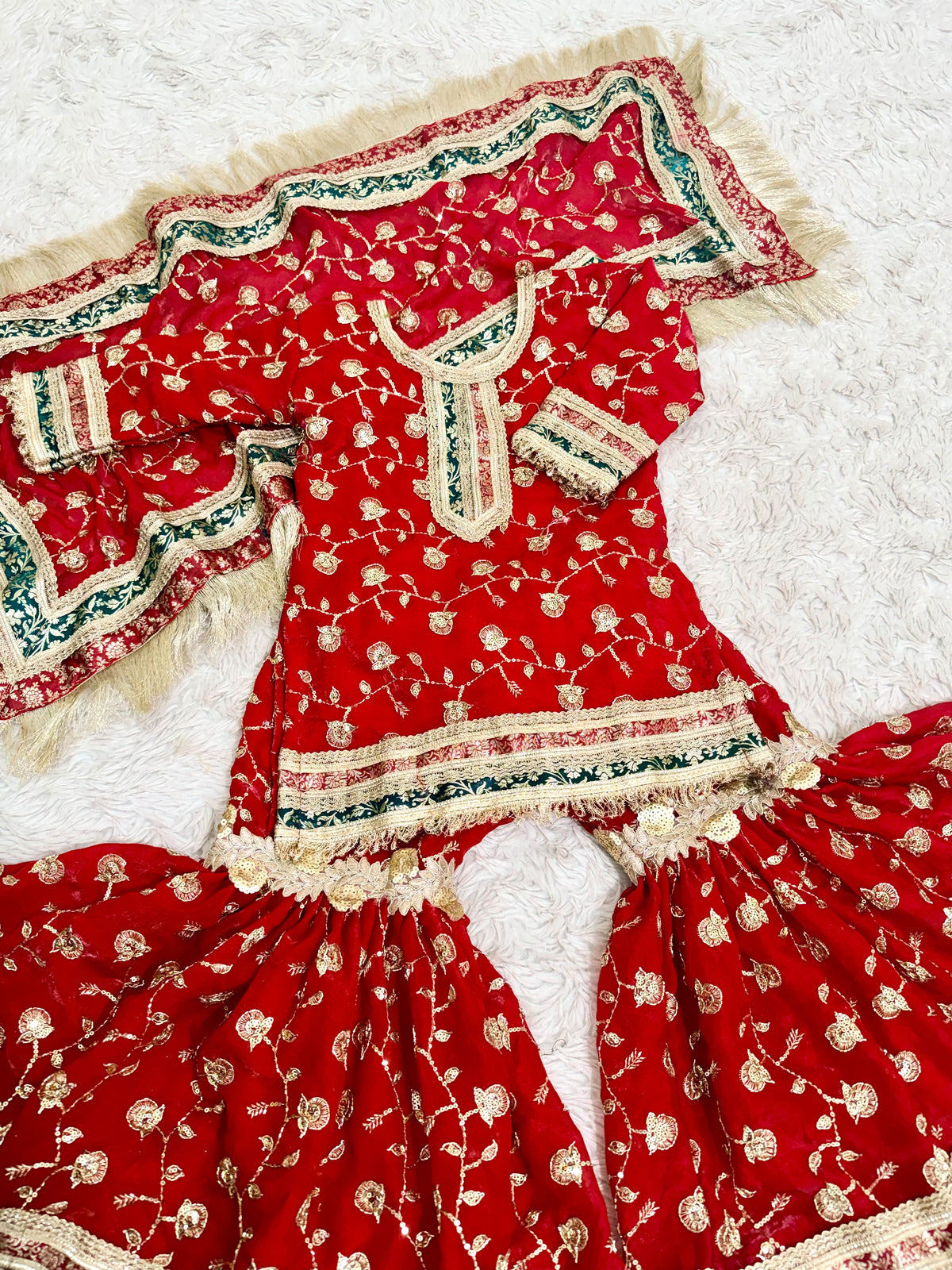 RED KIDS ORGANZA RAMPURI GHARARA