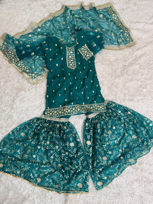PASTLE GREEN ORGANZA KIDS GHARARA