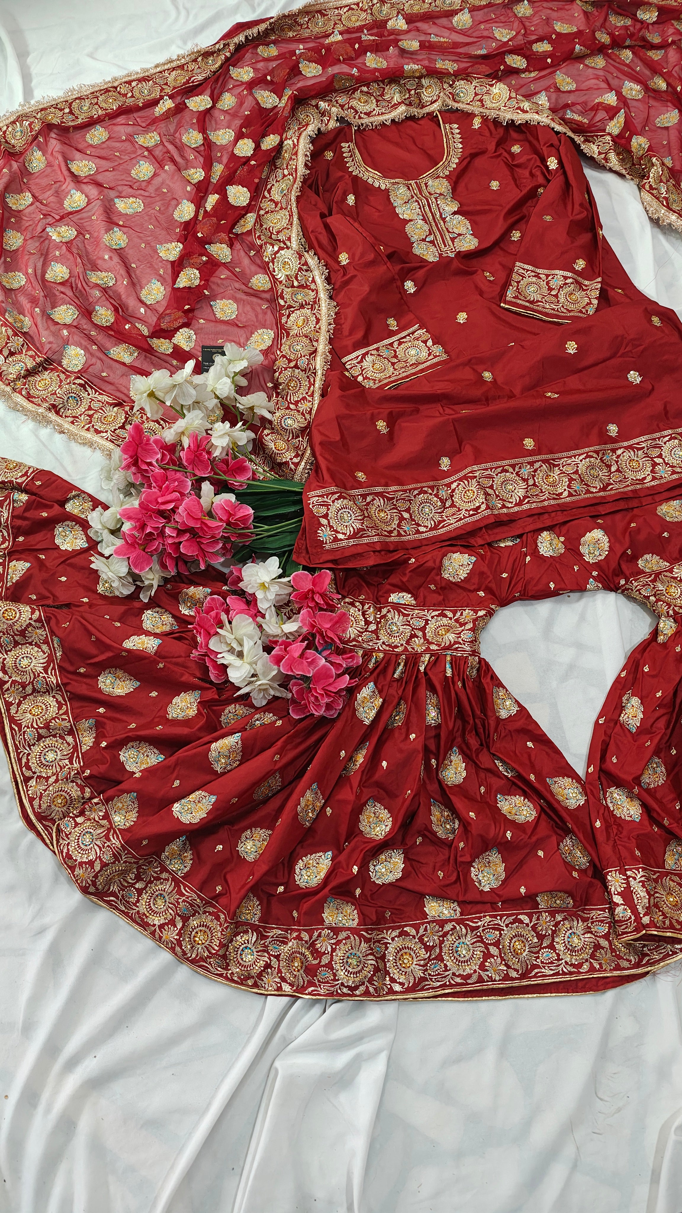 Blood maroon paan pattern Embroidered Gharara with Viscose silk base