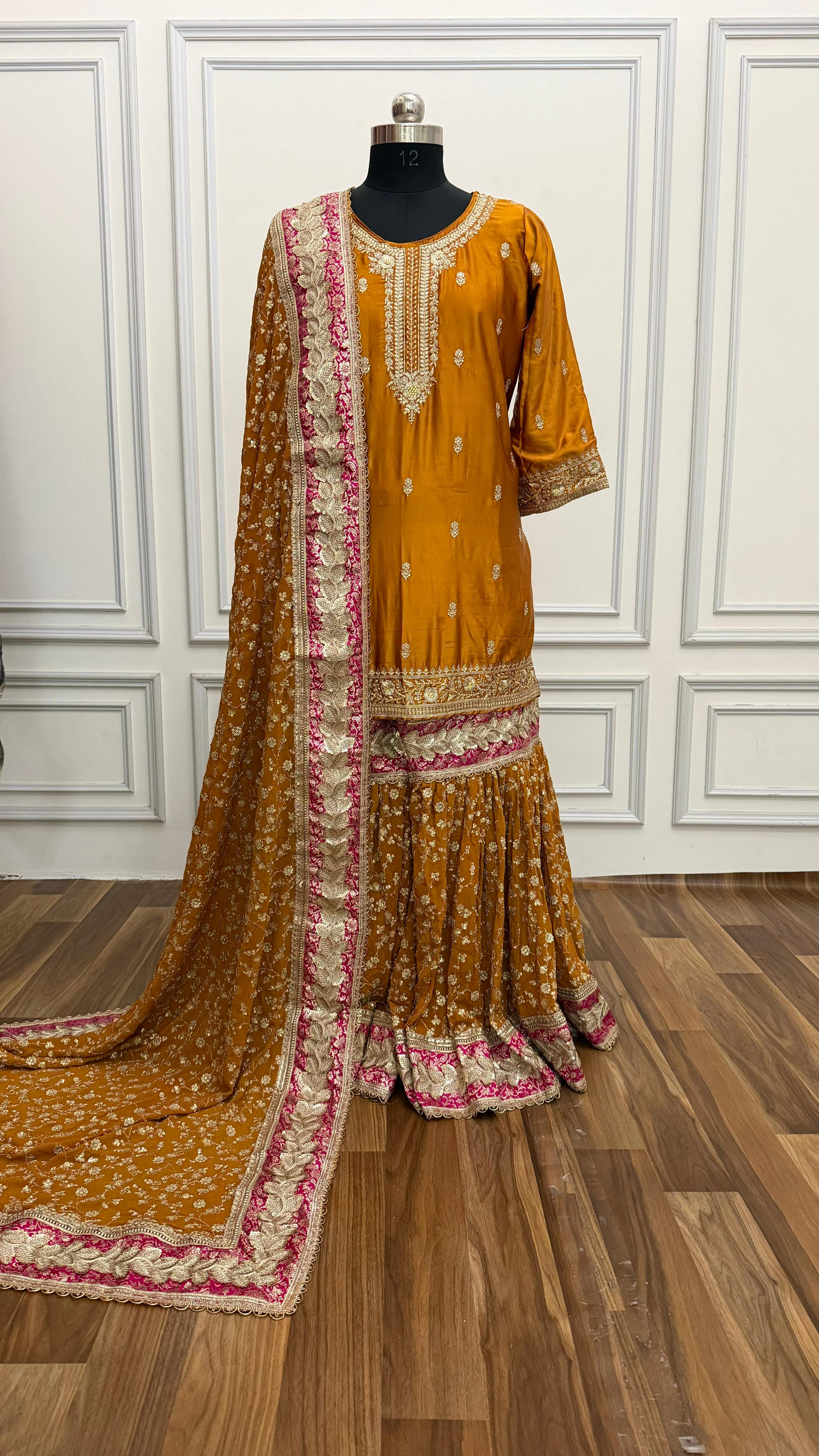 MUSTARD WITH RANI BOARDER GEORGETTE GHARARA