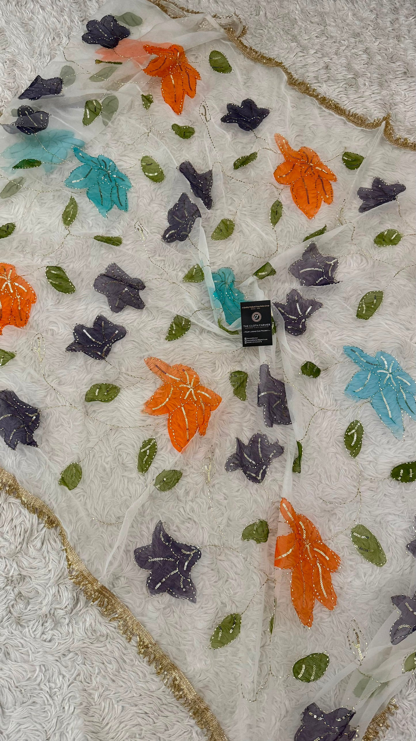 ORANGE DARK BLUE SKY BLUE FLORAL PAINTED DUPATTA